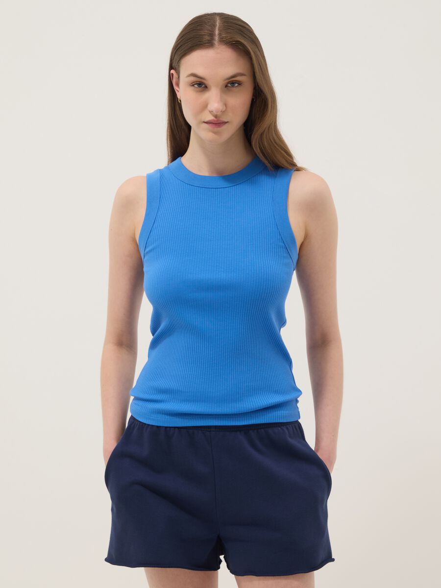 Tank top blu in cotone elasticizzato a costine fitted_1