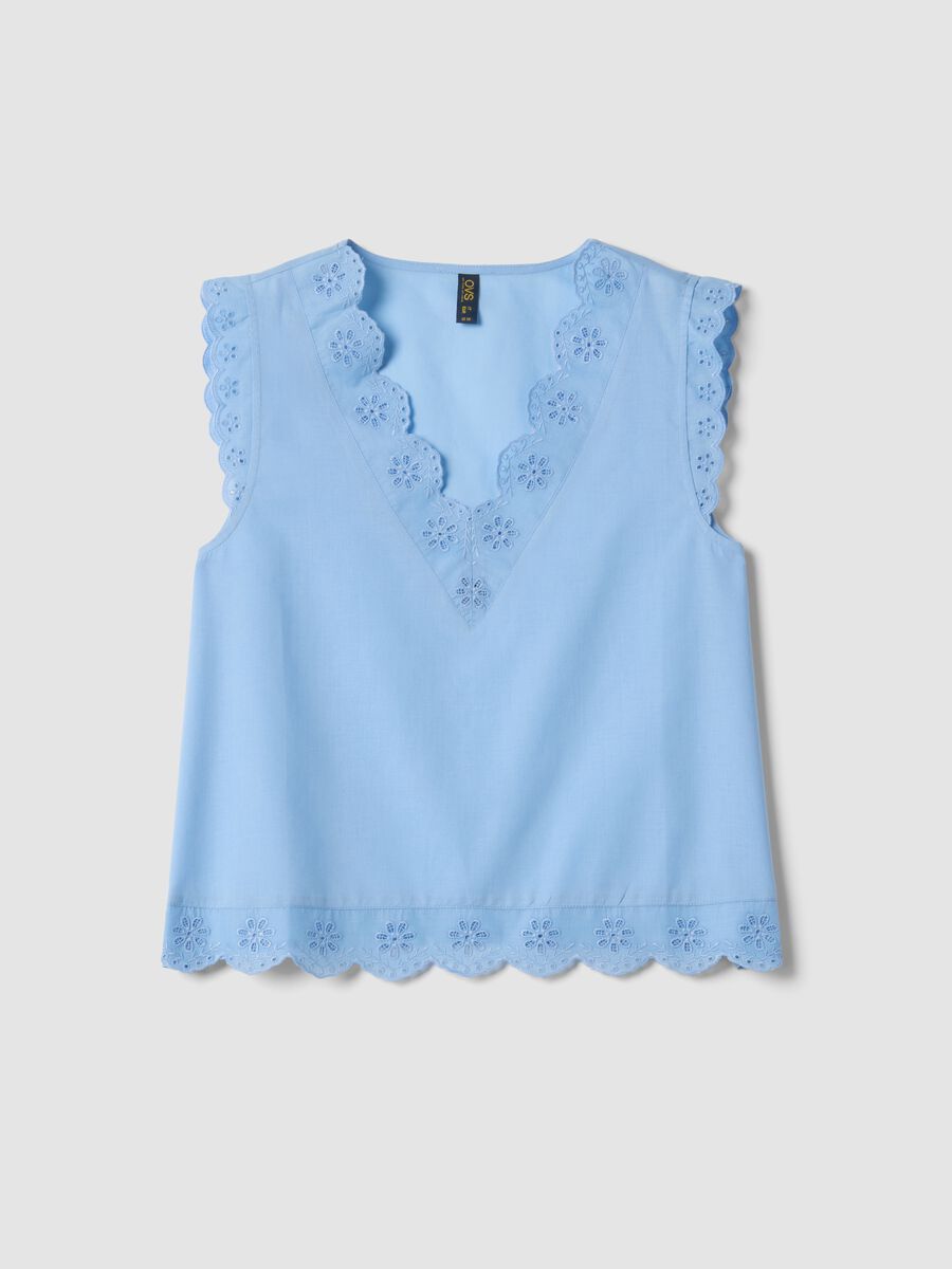 Sleeveless sky-blue pure cotton V-neck top, regular fit_4