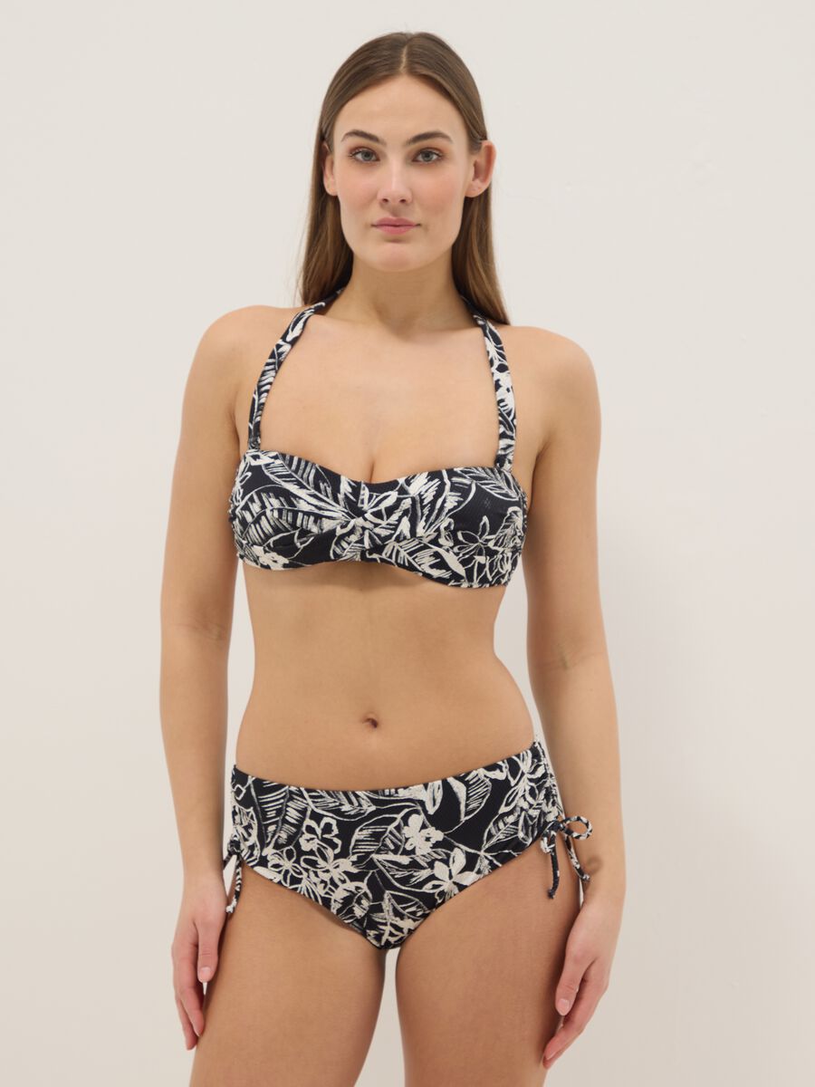 Black stretch bandeau bikini top with floral print_1