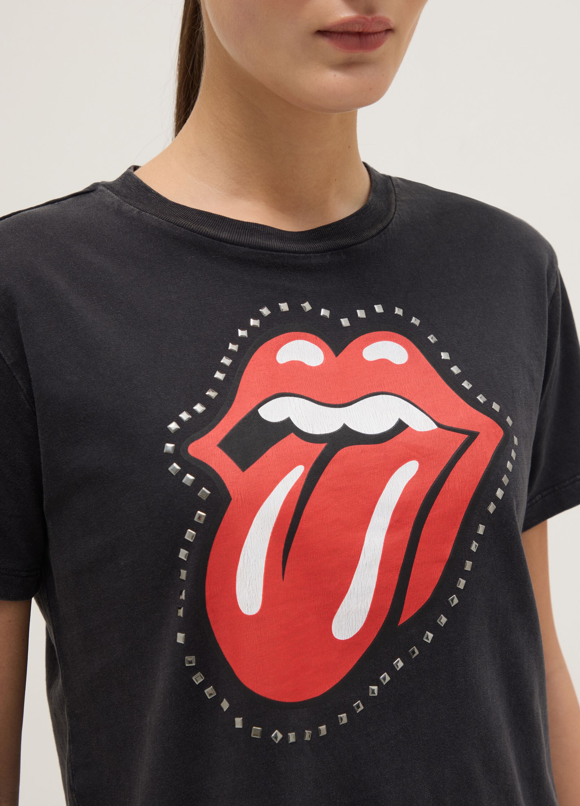 Black pure cotton regular fit T-shirt with Rolling Stones print