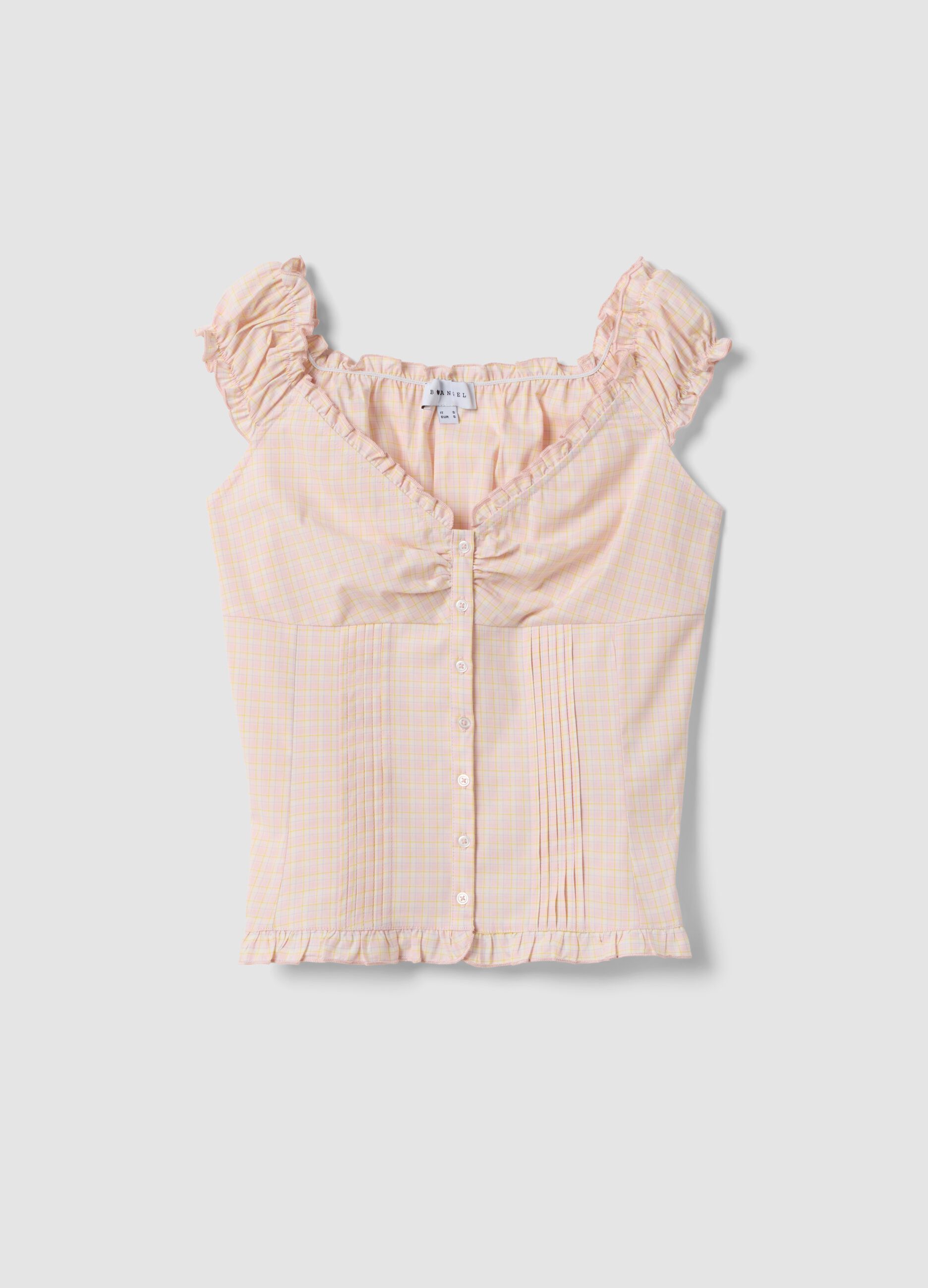 Pink stretch cotton blouse with buttons and ruffles, regular fit