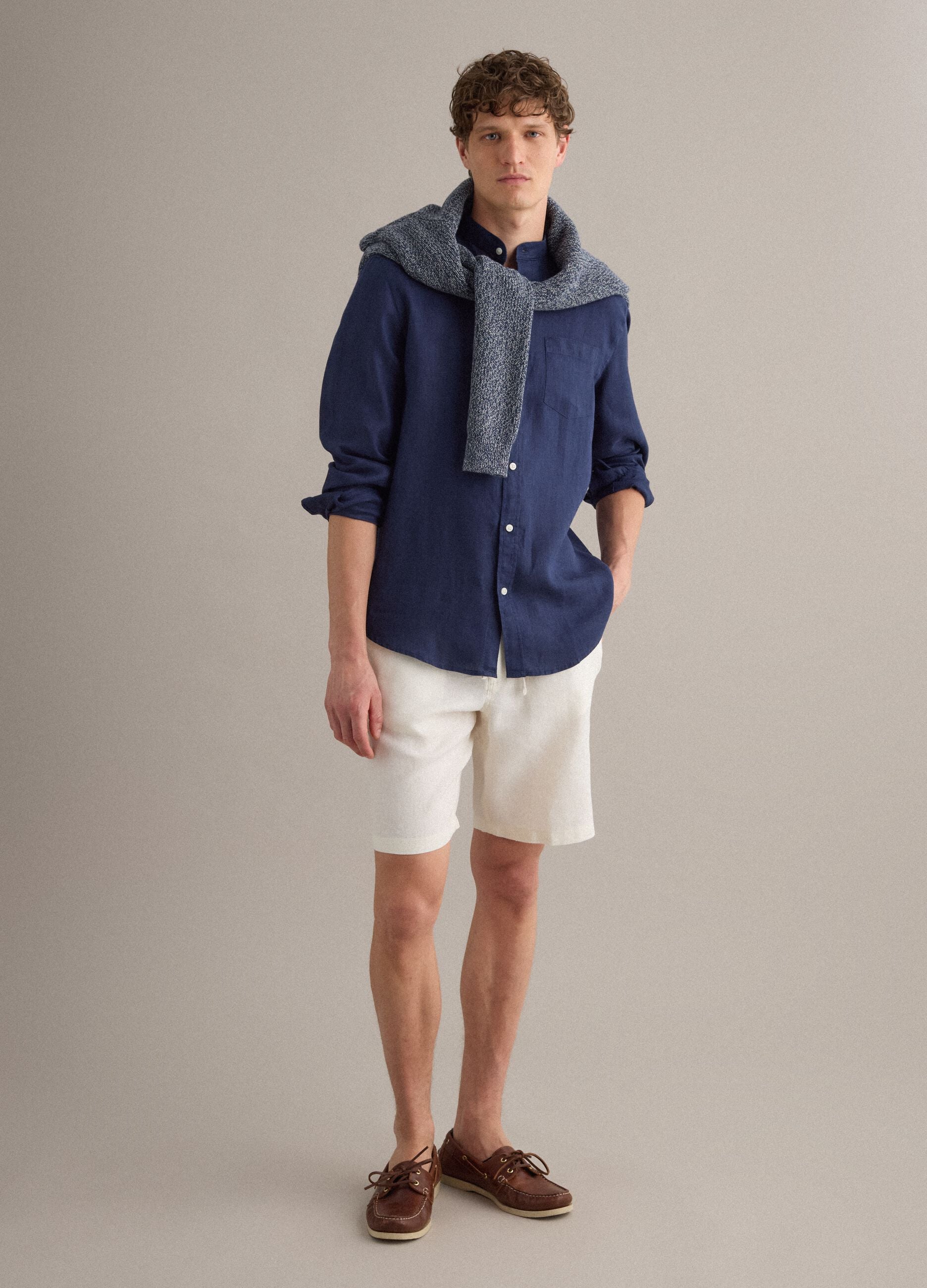 Blue pure linen shirt with band collar, regular fit
