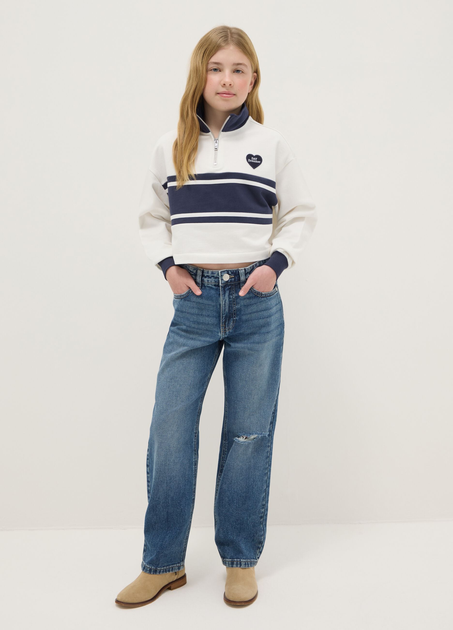 Girls' blue pure cotton jeans regular fit with rips
