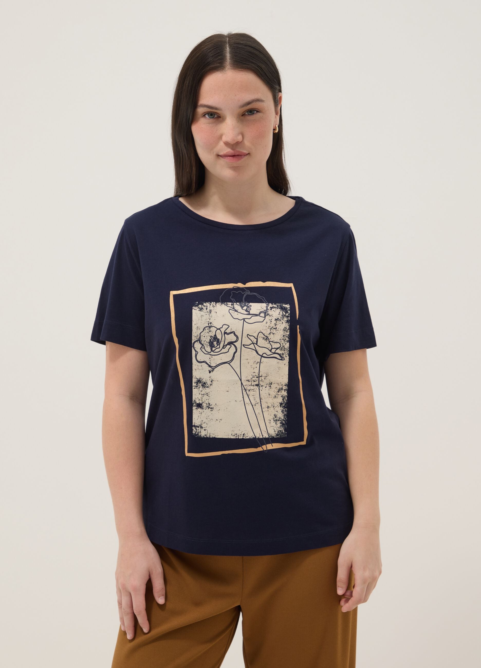 Blue short-sleeve pure cotton printed T-shirt, regular fit