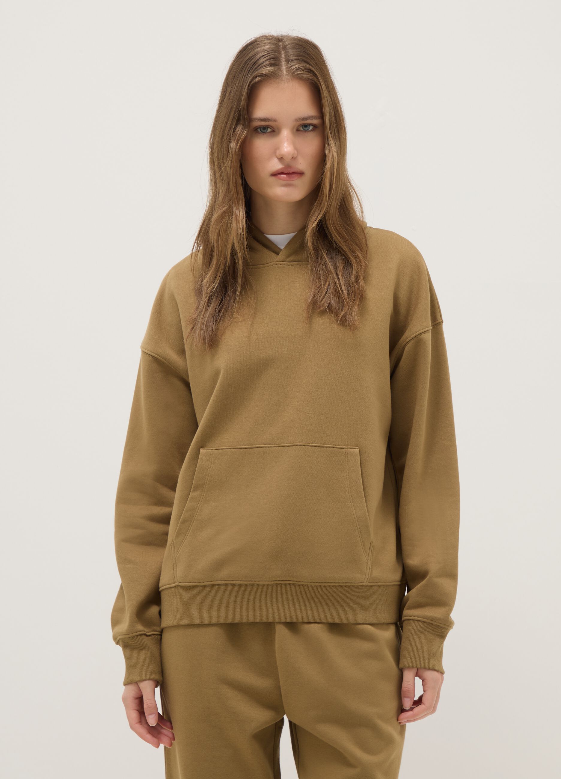 Felpa in misto cotone beige regular fit con cappuccio