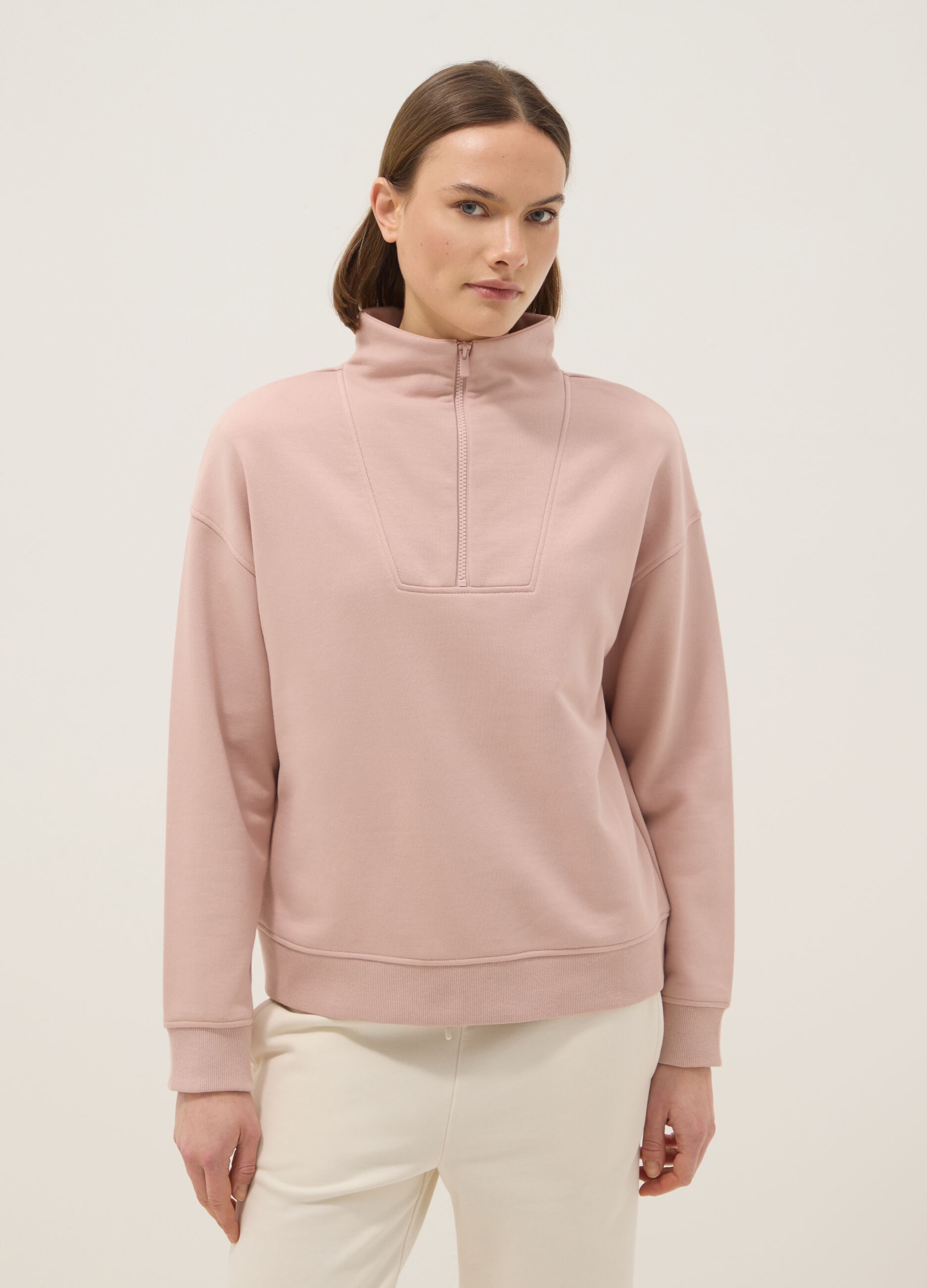 Regular fit pink cotton blend sweatshirt with half zip and high collar
