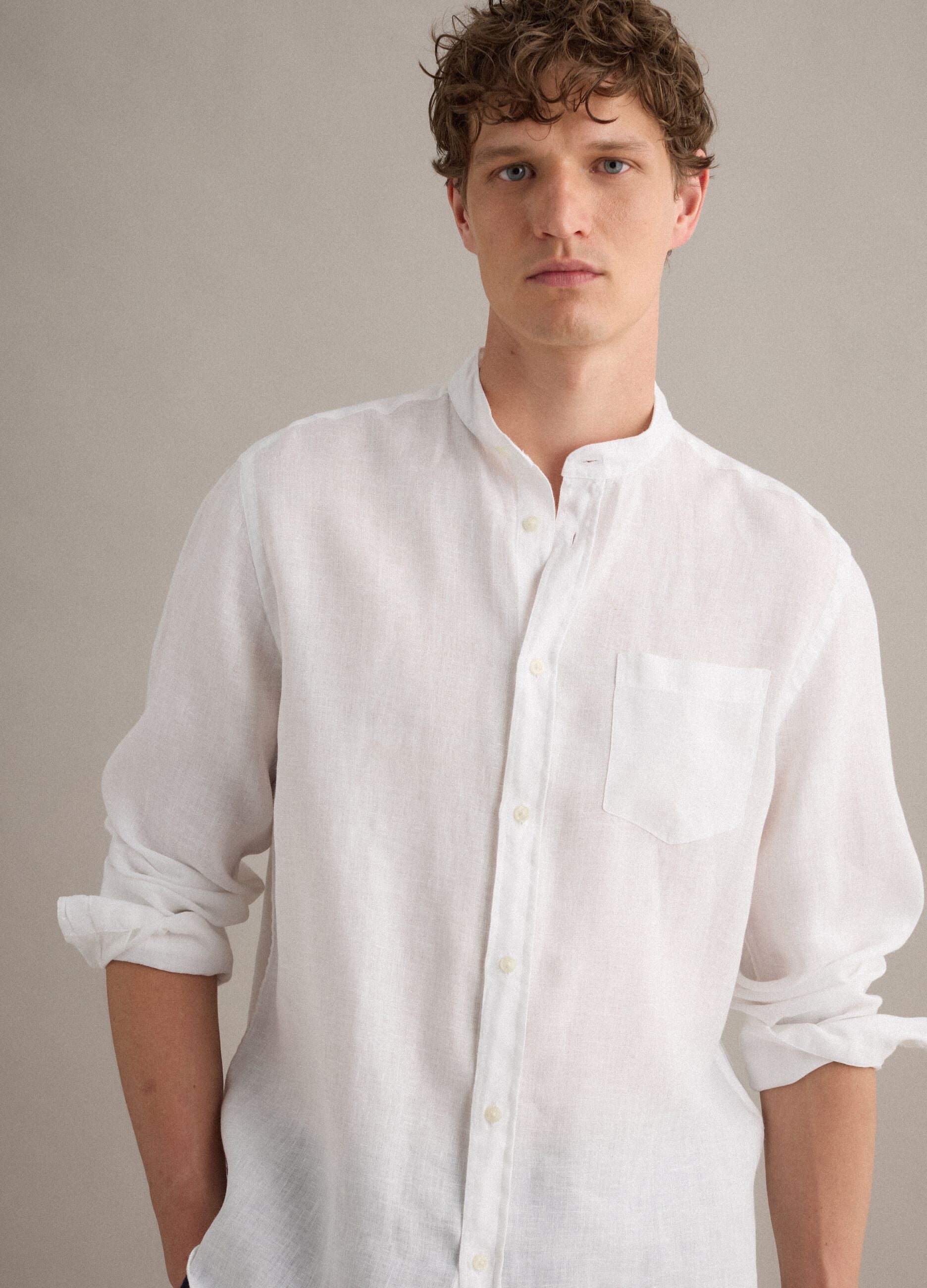 White pure linen shirt with band collar
