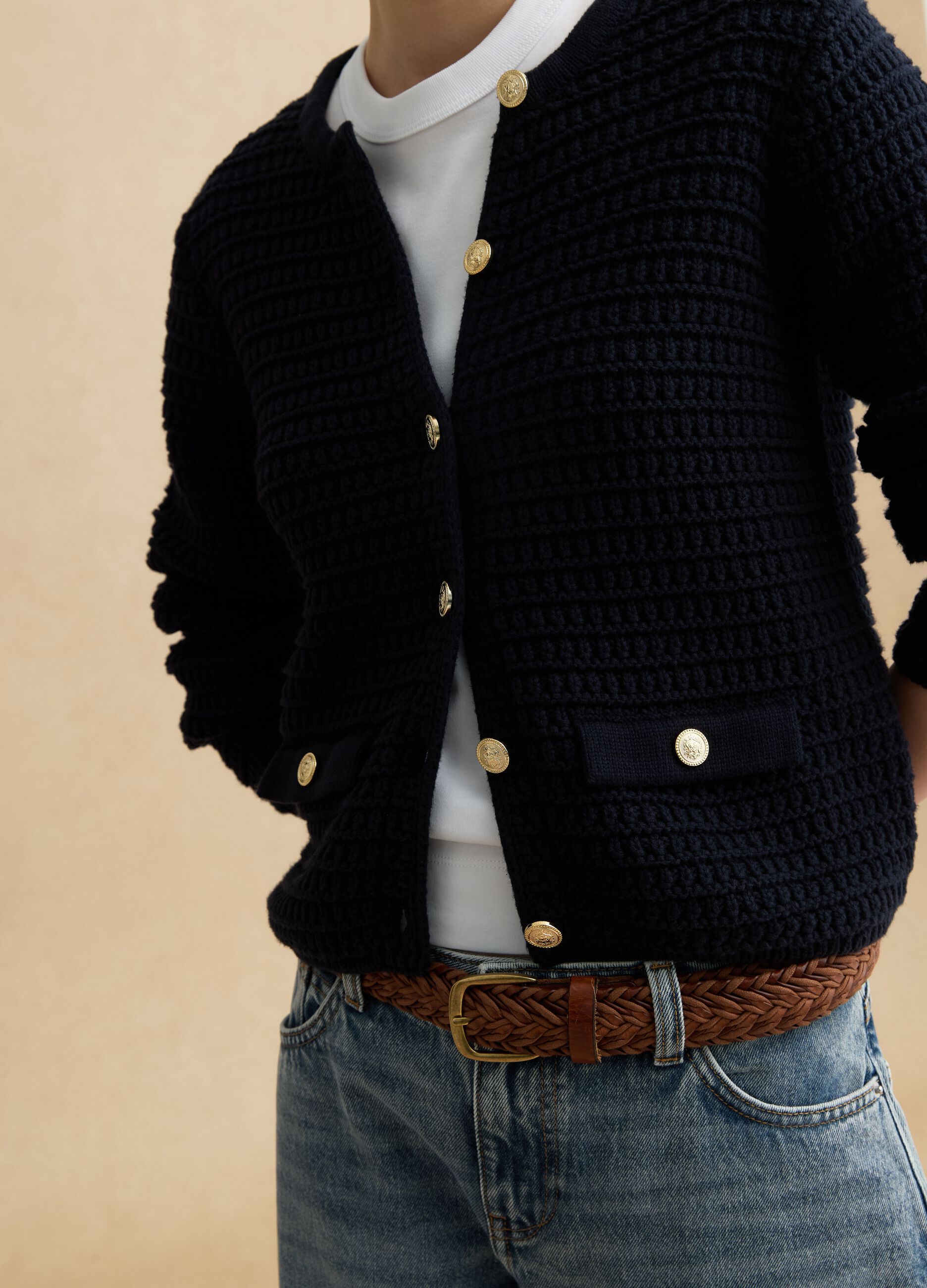 Blue pure cotton regular fit cardigan with gold buttons