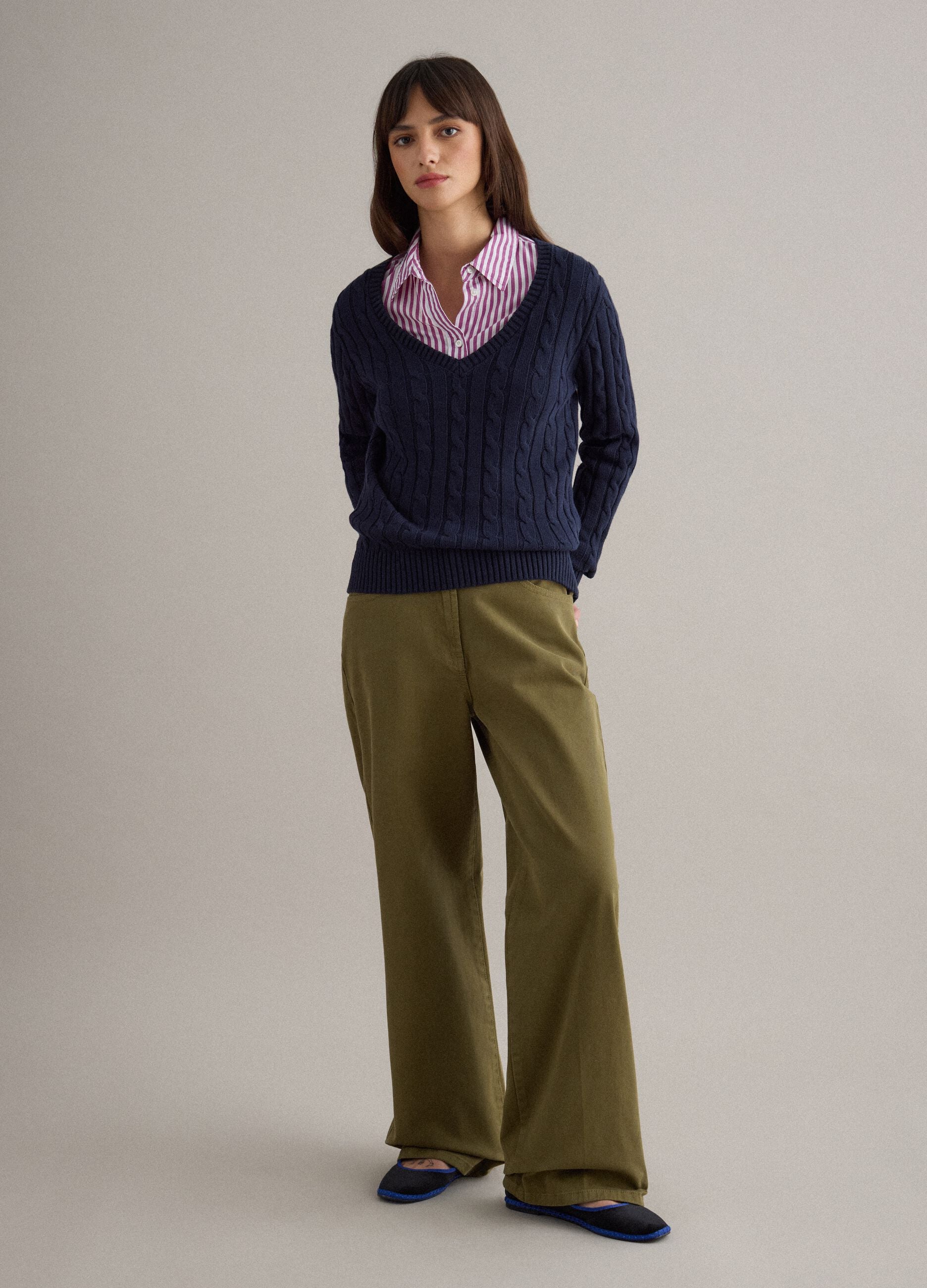 Blue pure cotton regular fit pullover with cable knit