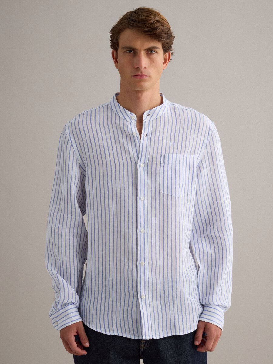 Light blue pure linen striped shirt with mandarin collar, regular fit_0