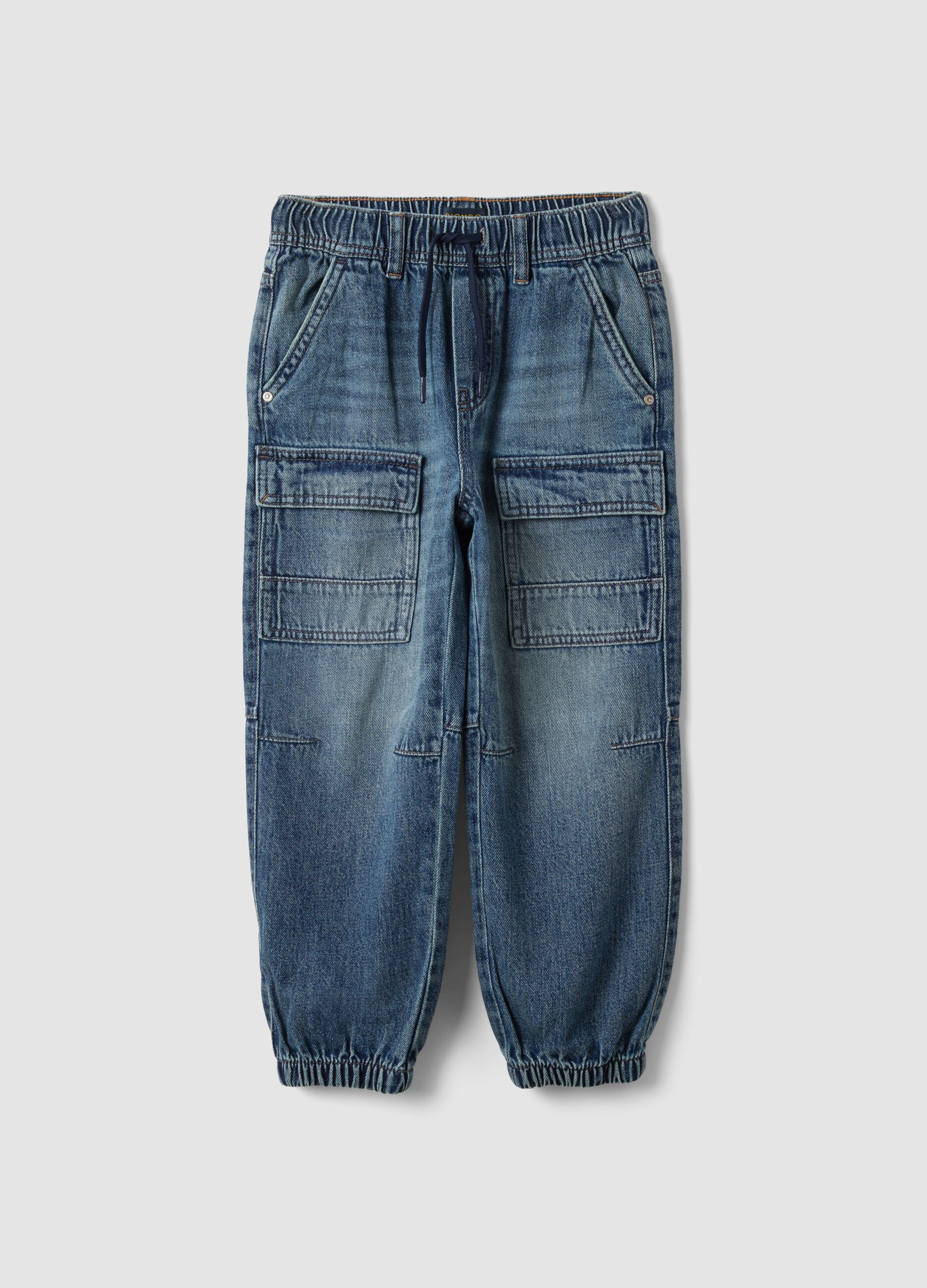 Blue denim joggers in cotton and viscose blend, relaxed fit for boys