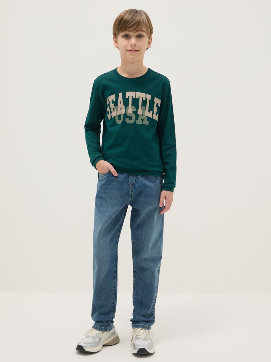 Blue cotton blend regular fit jeans with elastic waistband_0