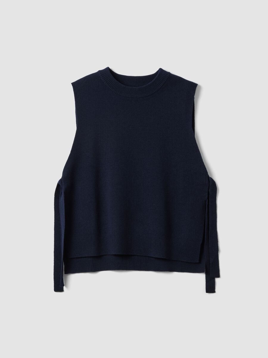Blue wool-blend crew-neck gilet with tie-fastening side tabs, regular fit_4