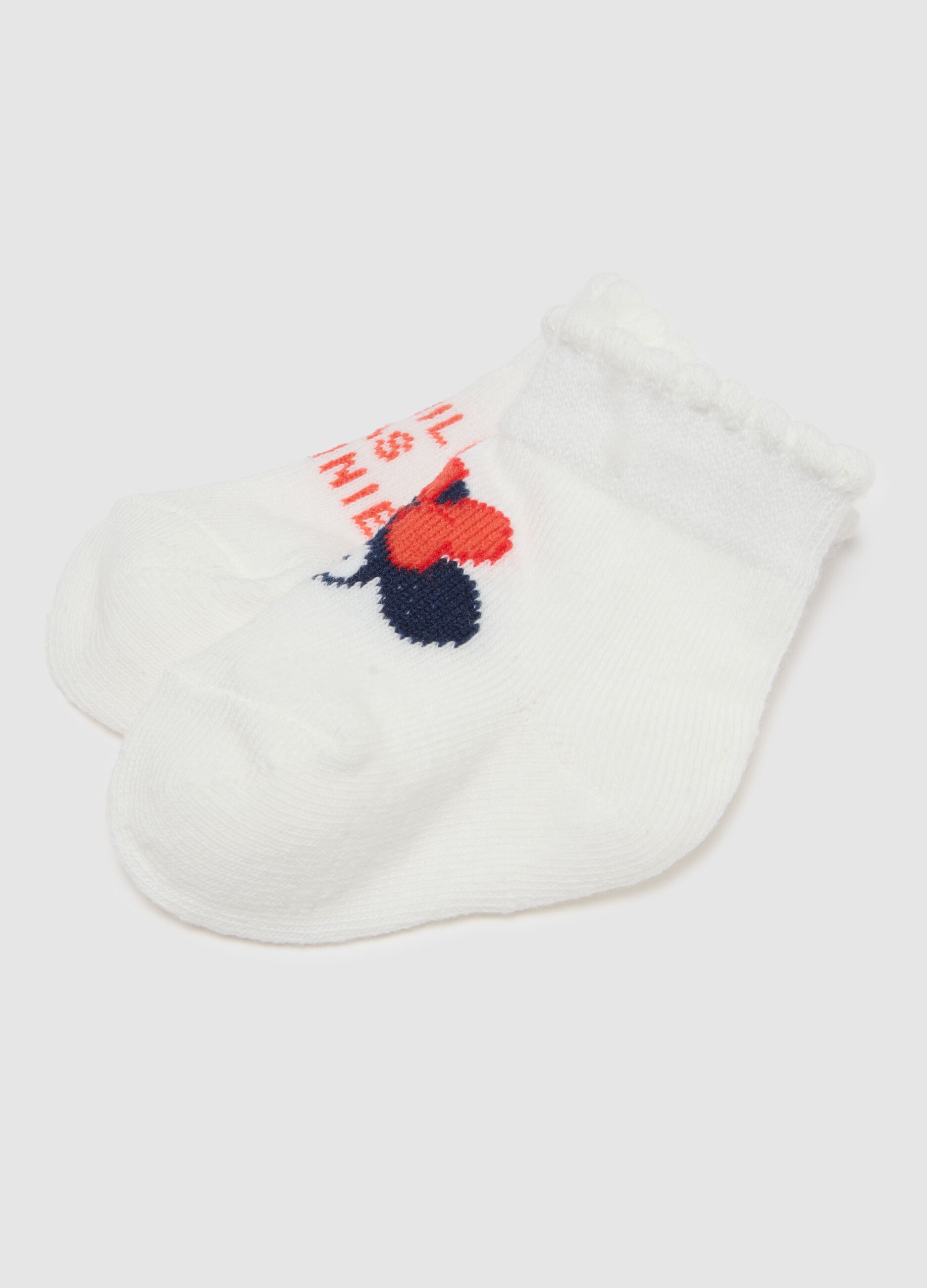 White knitted and cotton booties for babies with Minnie embroidery