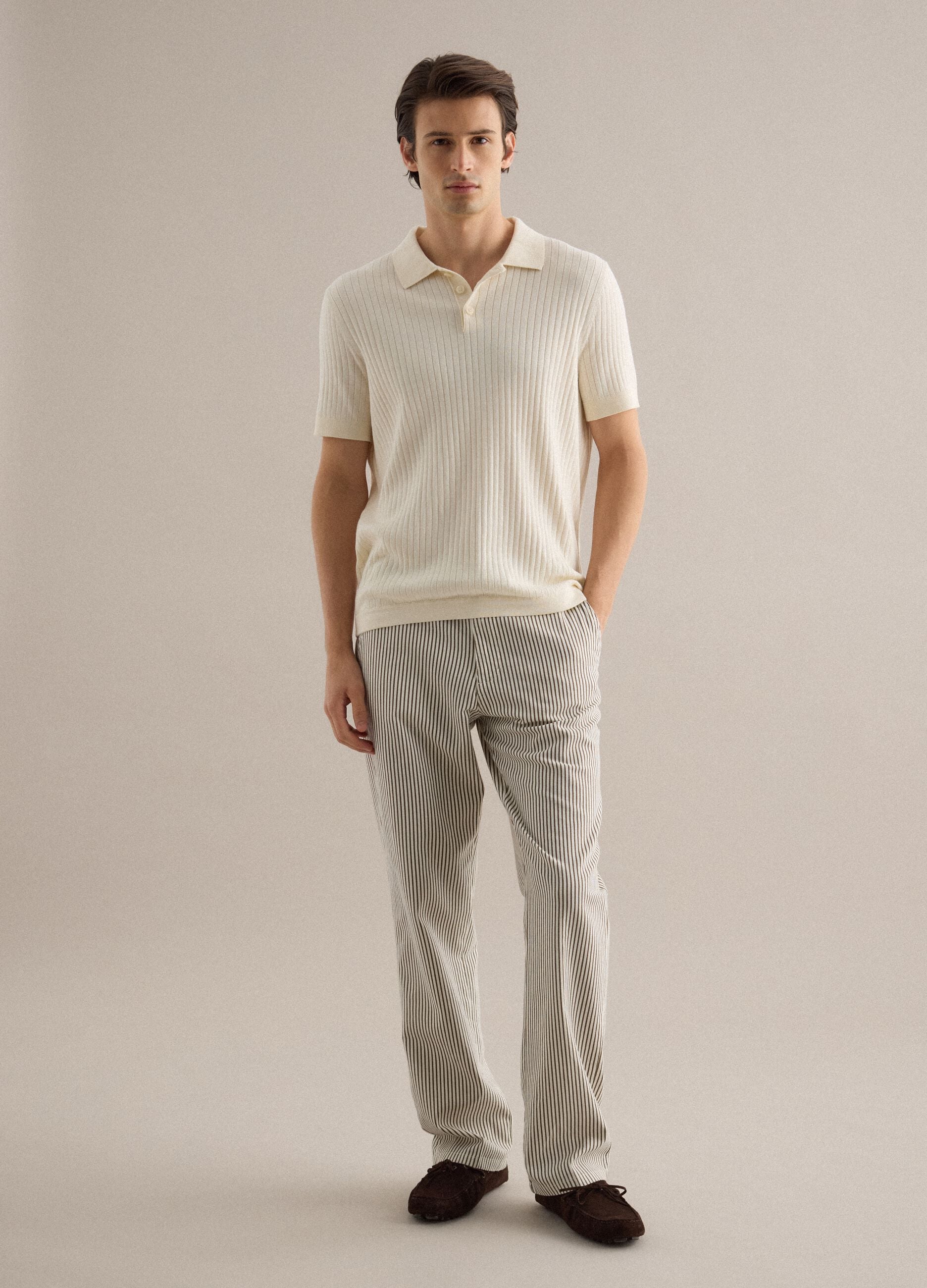 Short-sleeved white striped polo in pure cotton regular fit