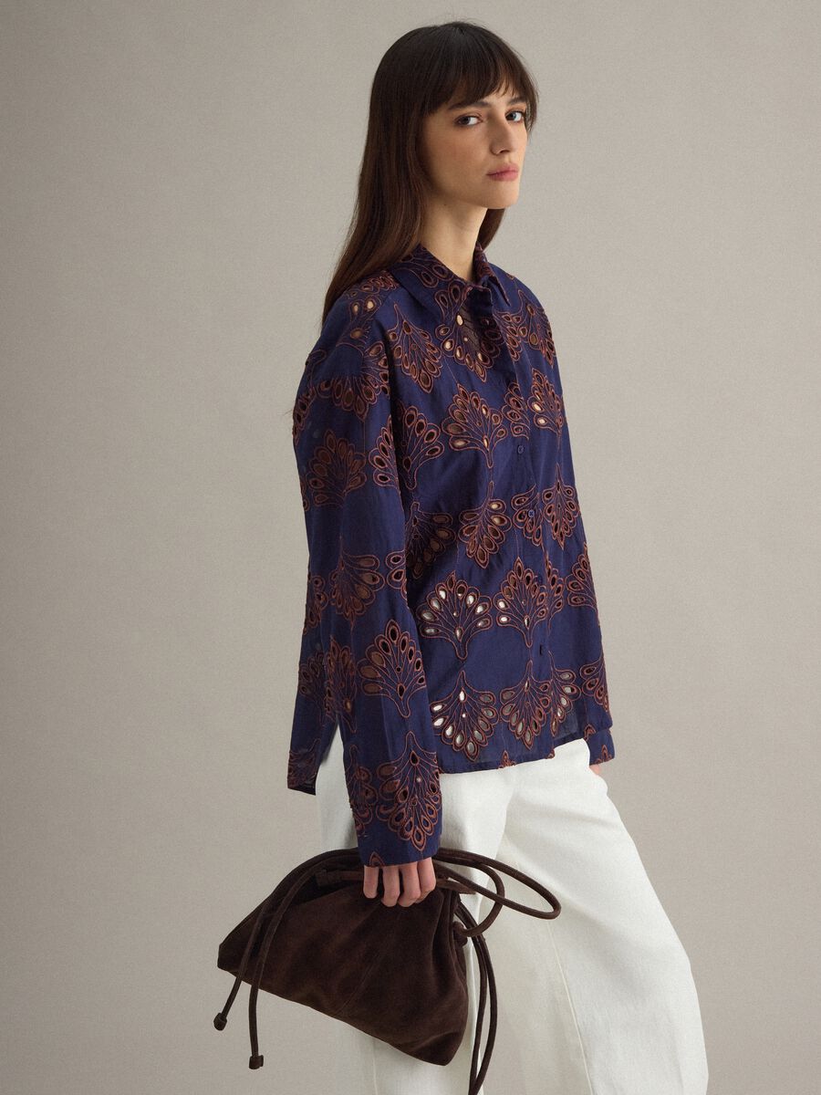 Blue short-sleeve pure cotton shirt with openwork embroidery_2