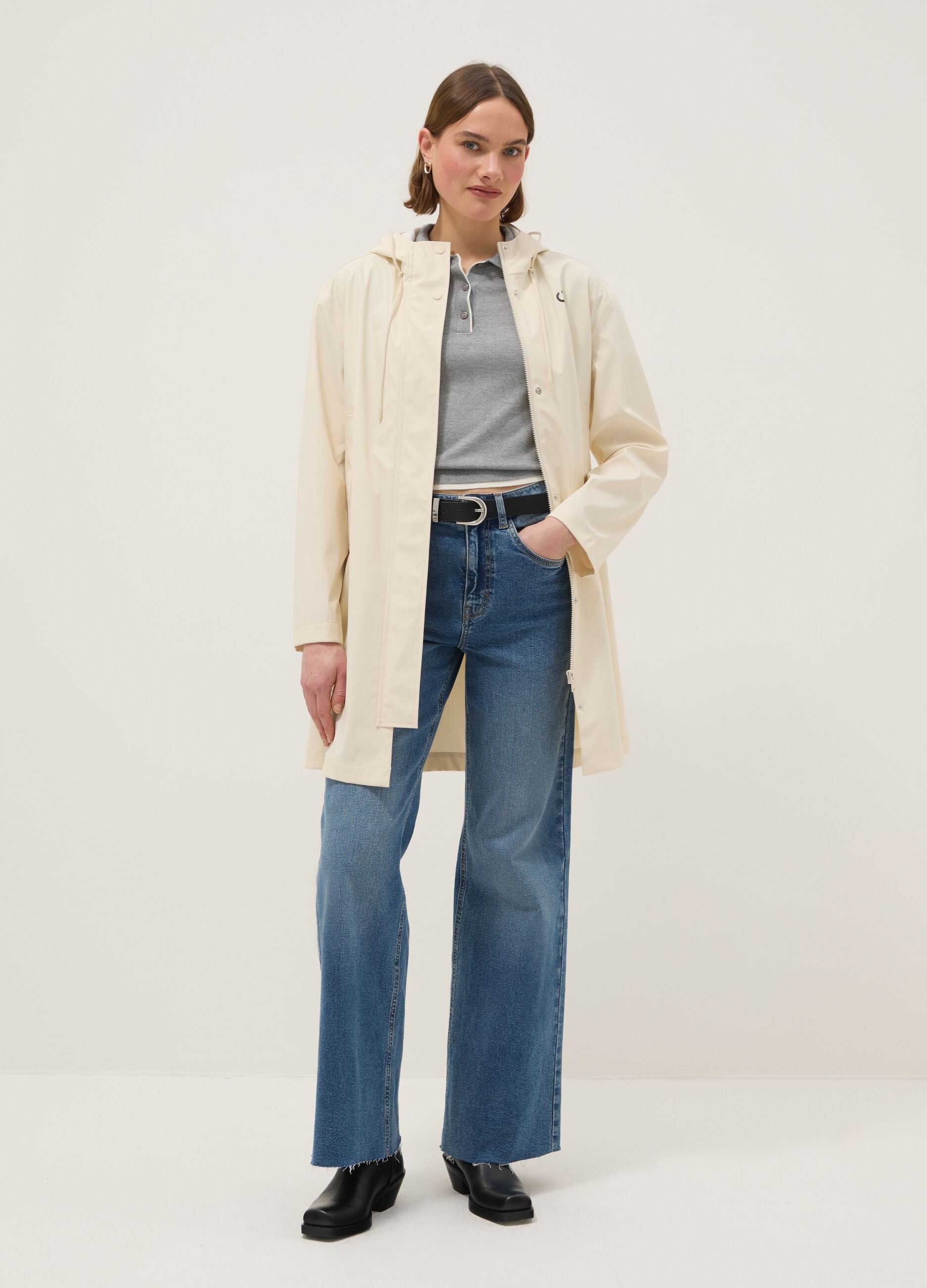 Beige Waterproof Jacket with Hood Regular Fit