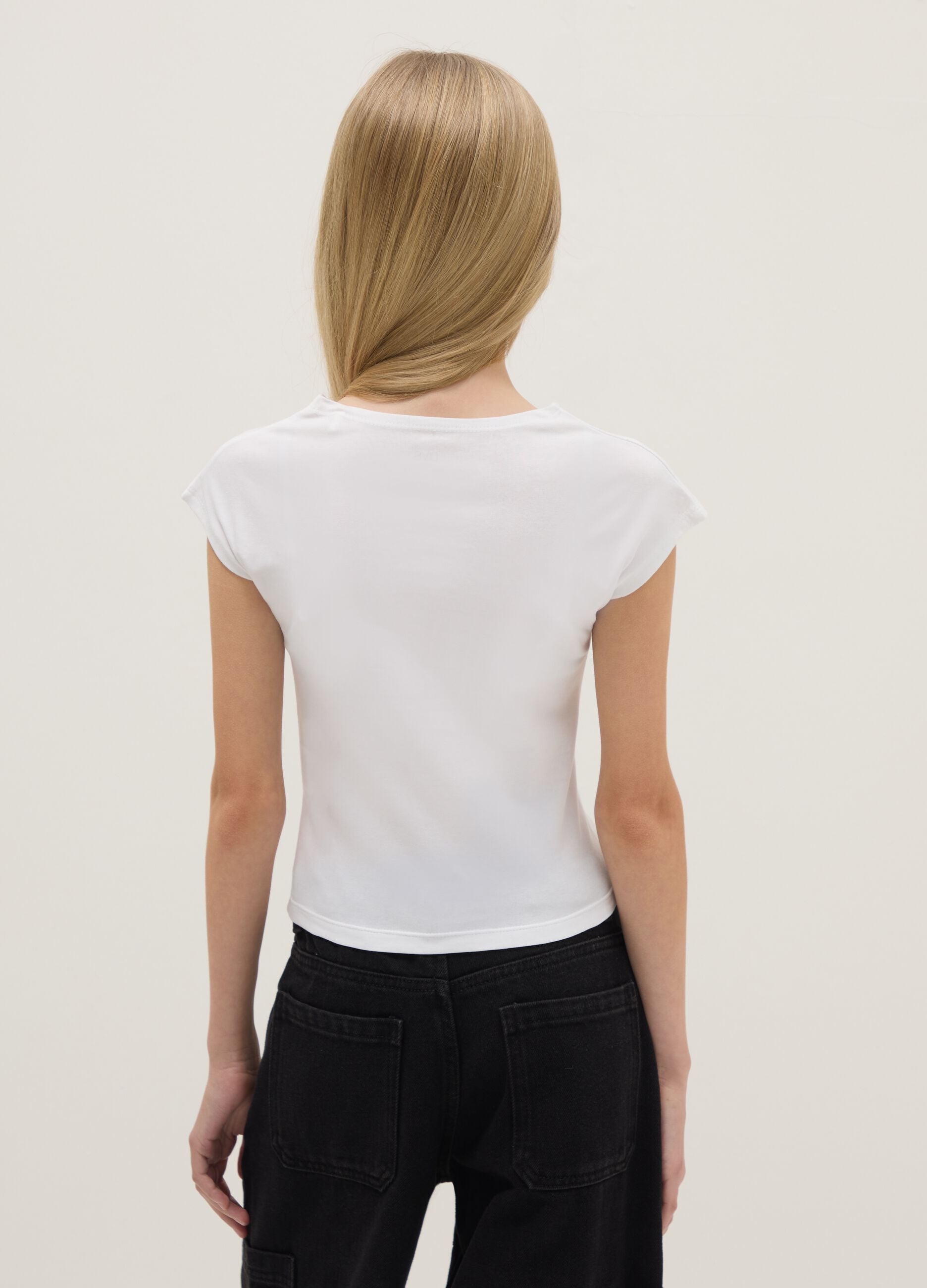 Girls' white stretch cotton slim fit t-shirt with print