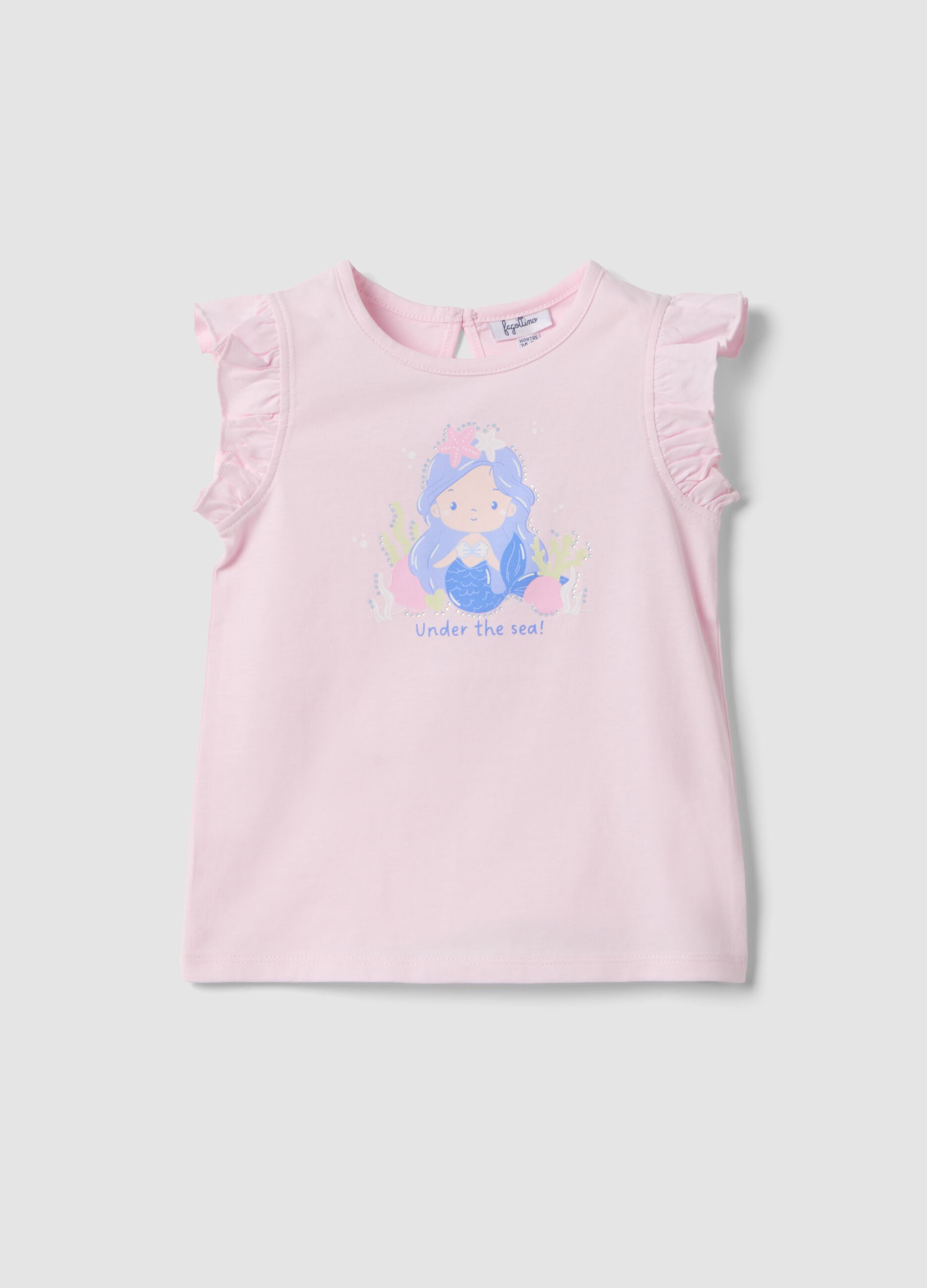 Pink organic cotton girls&rsquo; tank top with print and ruffles