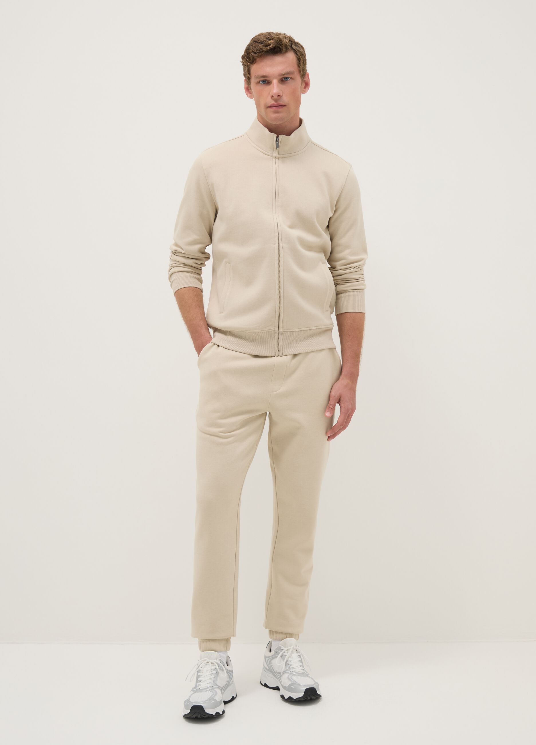 Beige cotton-blend sweatshirt in regular fit with full zip
