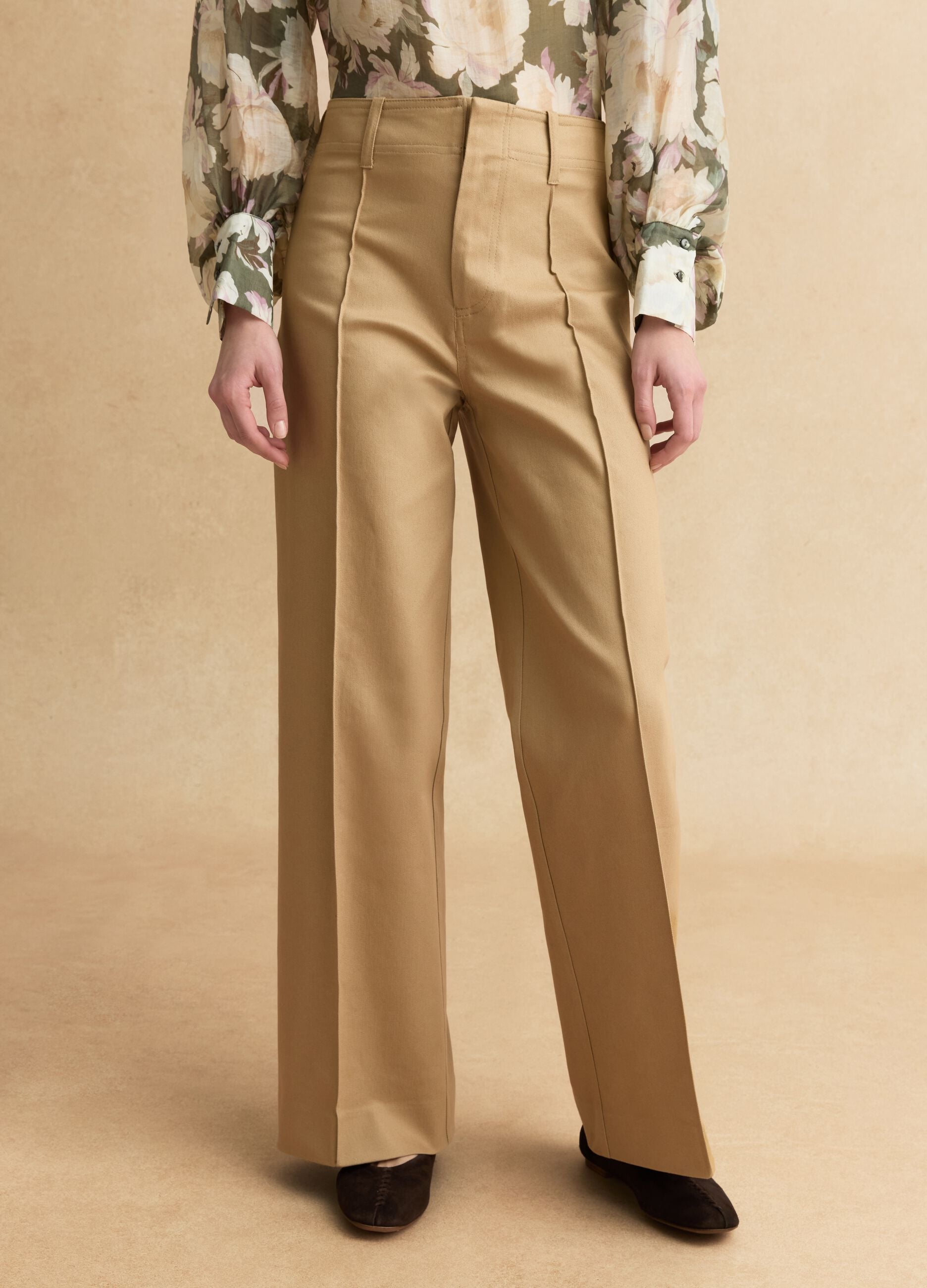 Straight-leg beige cotton blend trousers regular fit