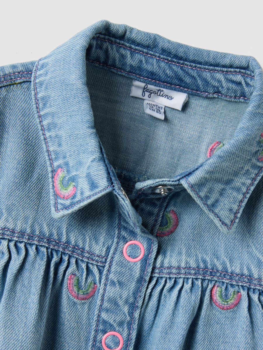 Blue denim cotton blend dress for girls with rainbows_3