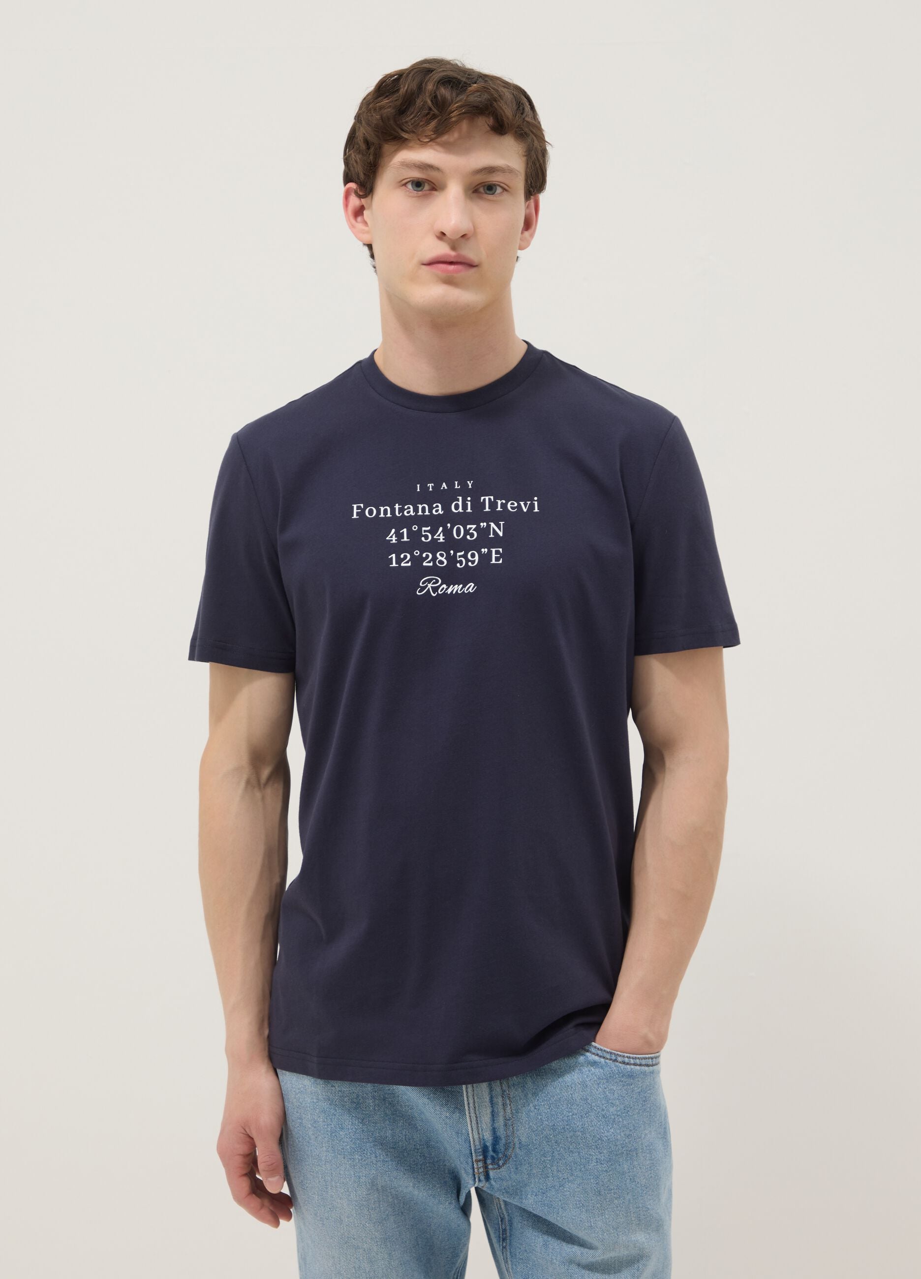 Blue pure cotton regular-fit T-shirt with front print