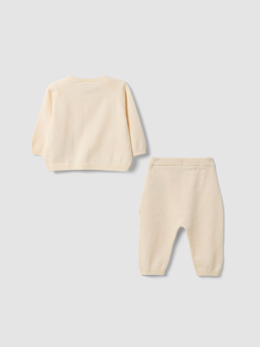 Beige organic cotton knit set with cardigan and trousers_1