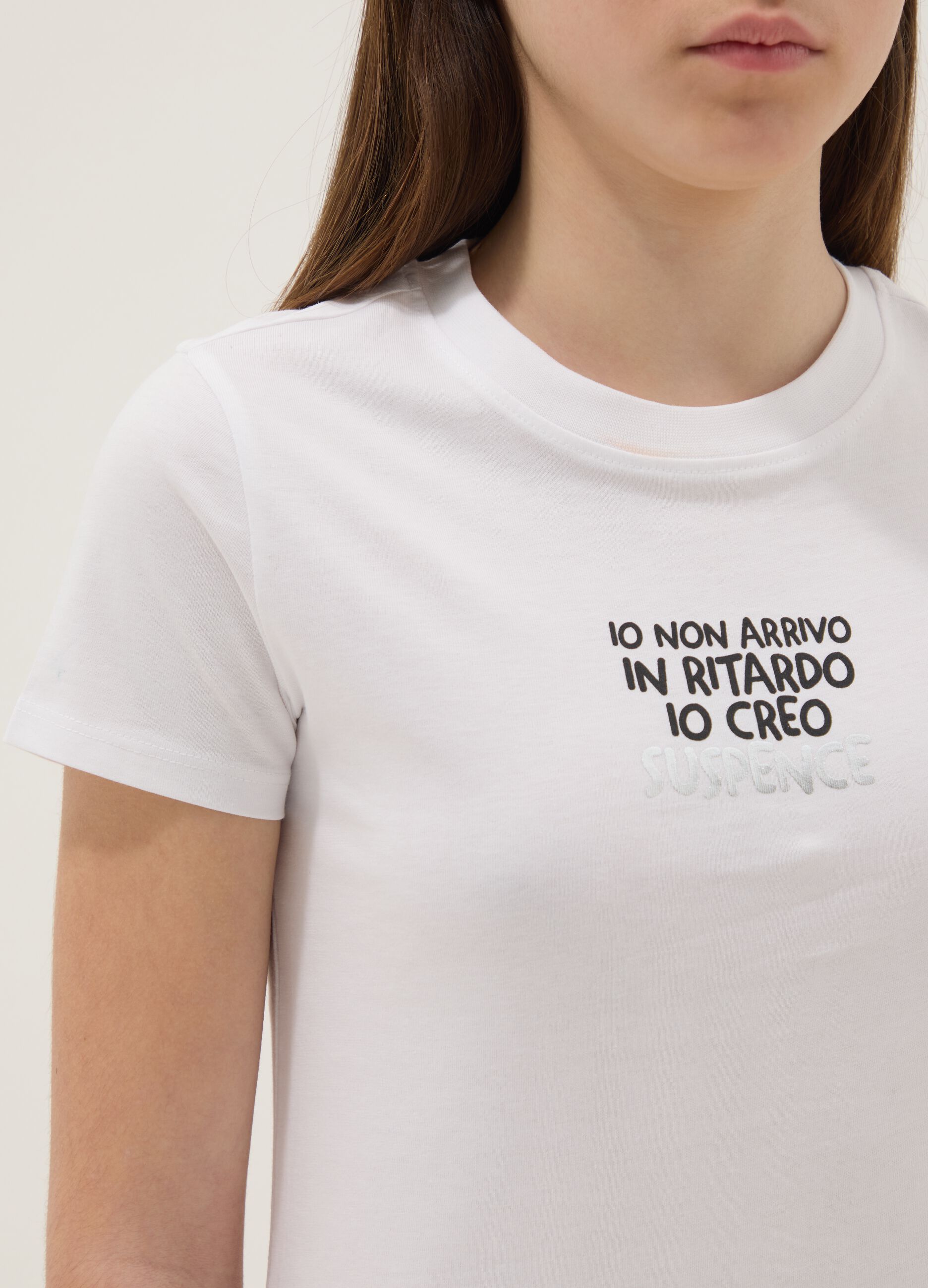 Girls' regular fit white pure cotton T-shirt with phrase