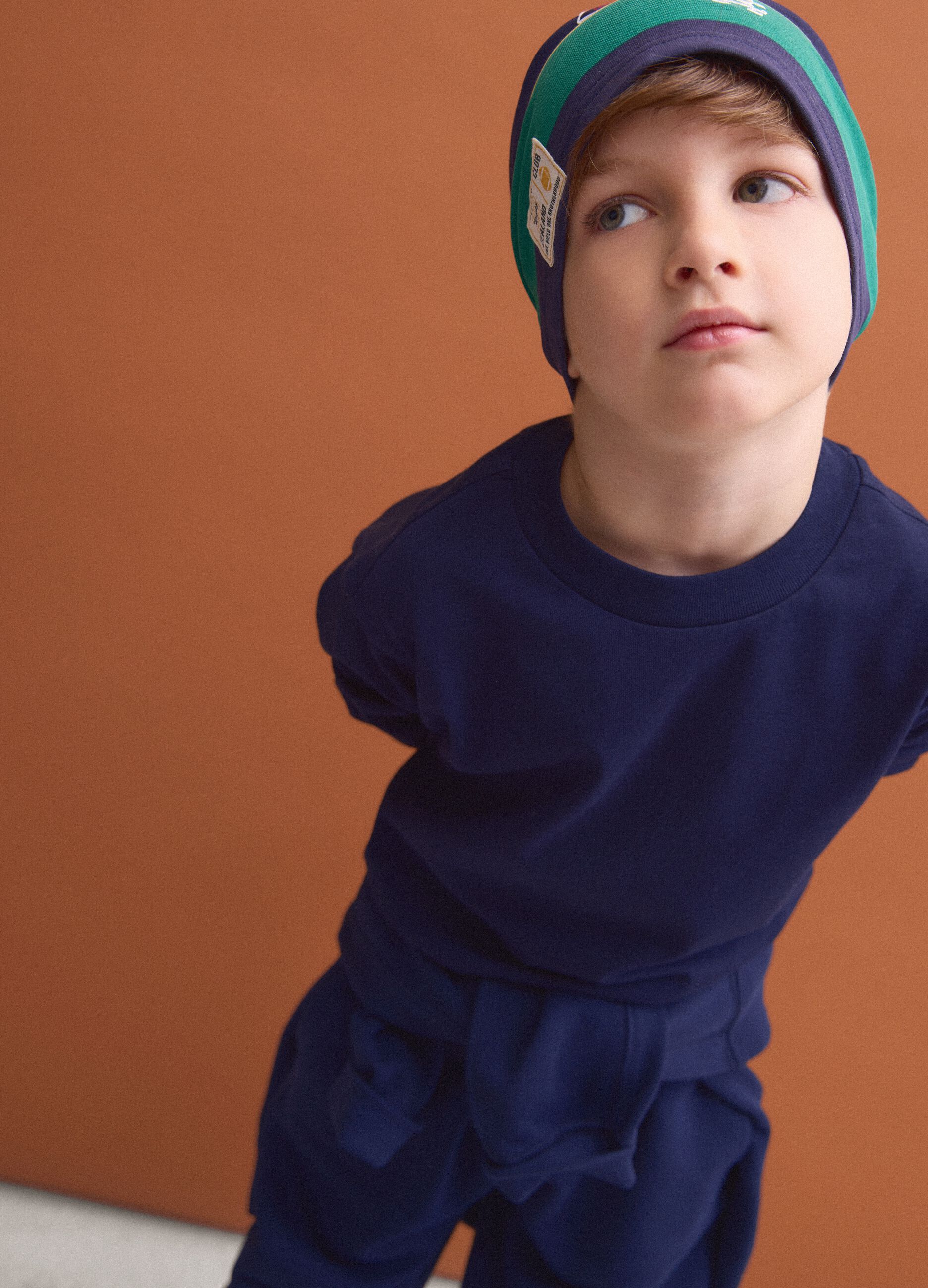 Blue long-sleeve crew-neck pure cotton T-shirt for boys