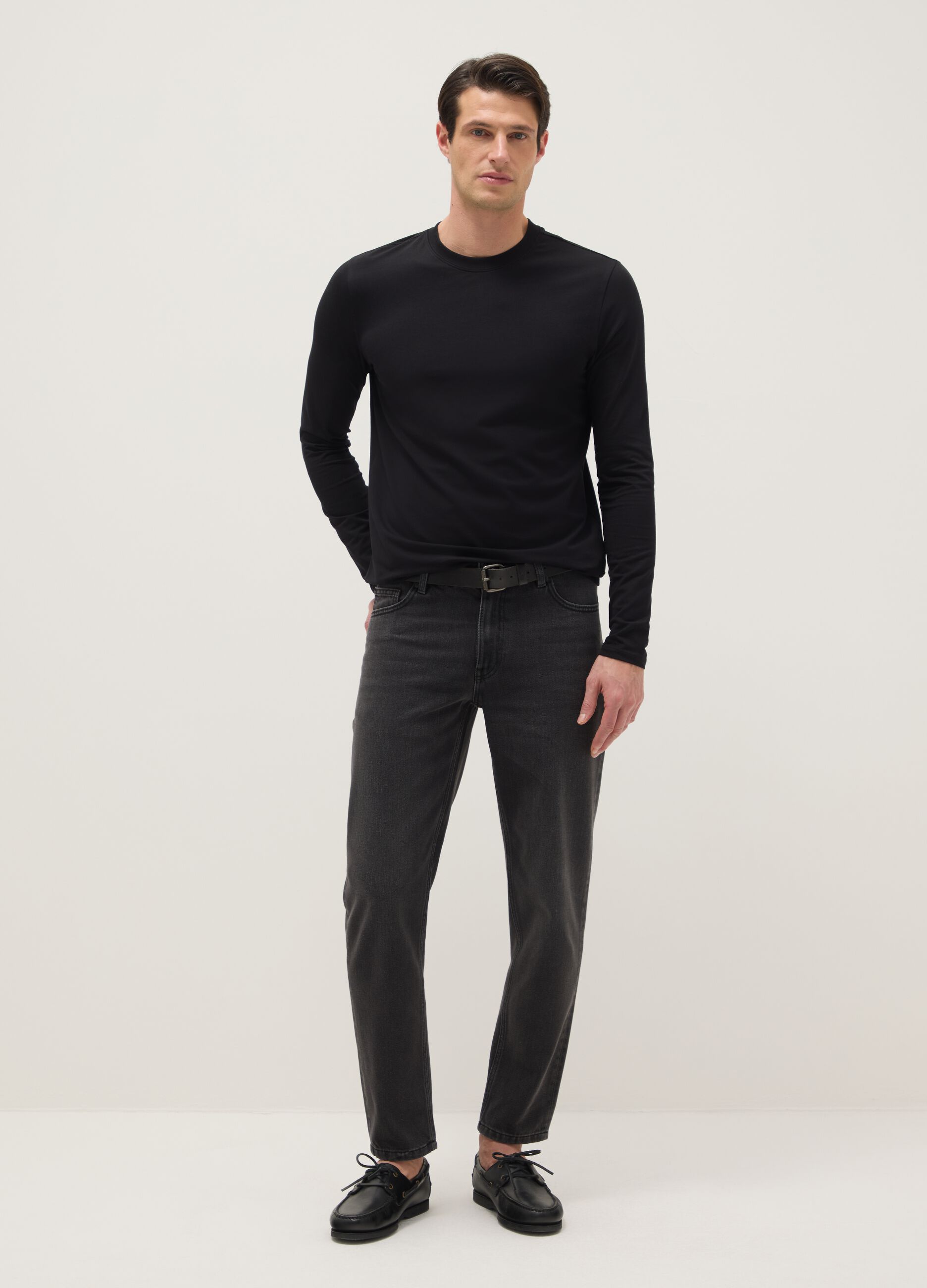 Black denim cotton blend regular fit stretch jeans