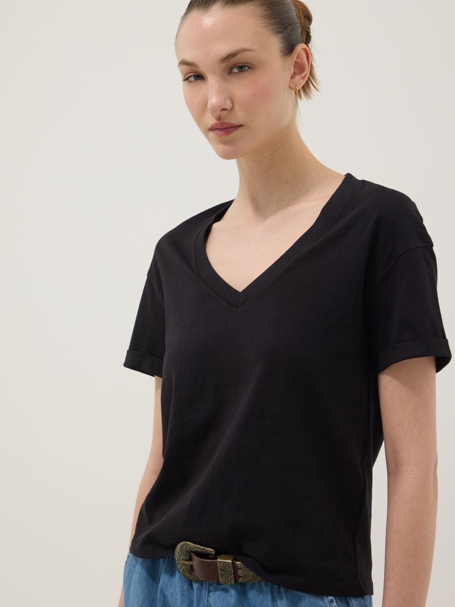 Black 100% cotton V-neck relaxed-fit T-shirt_1