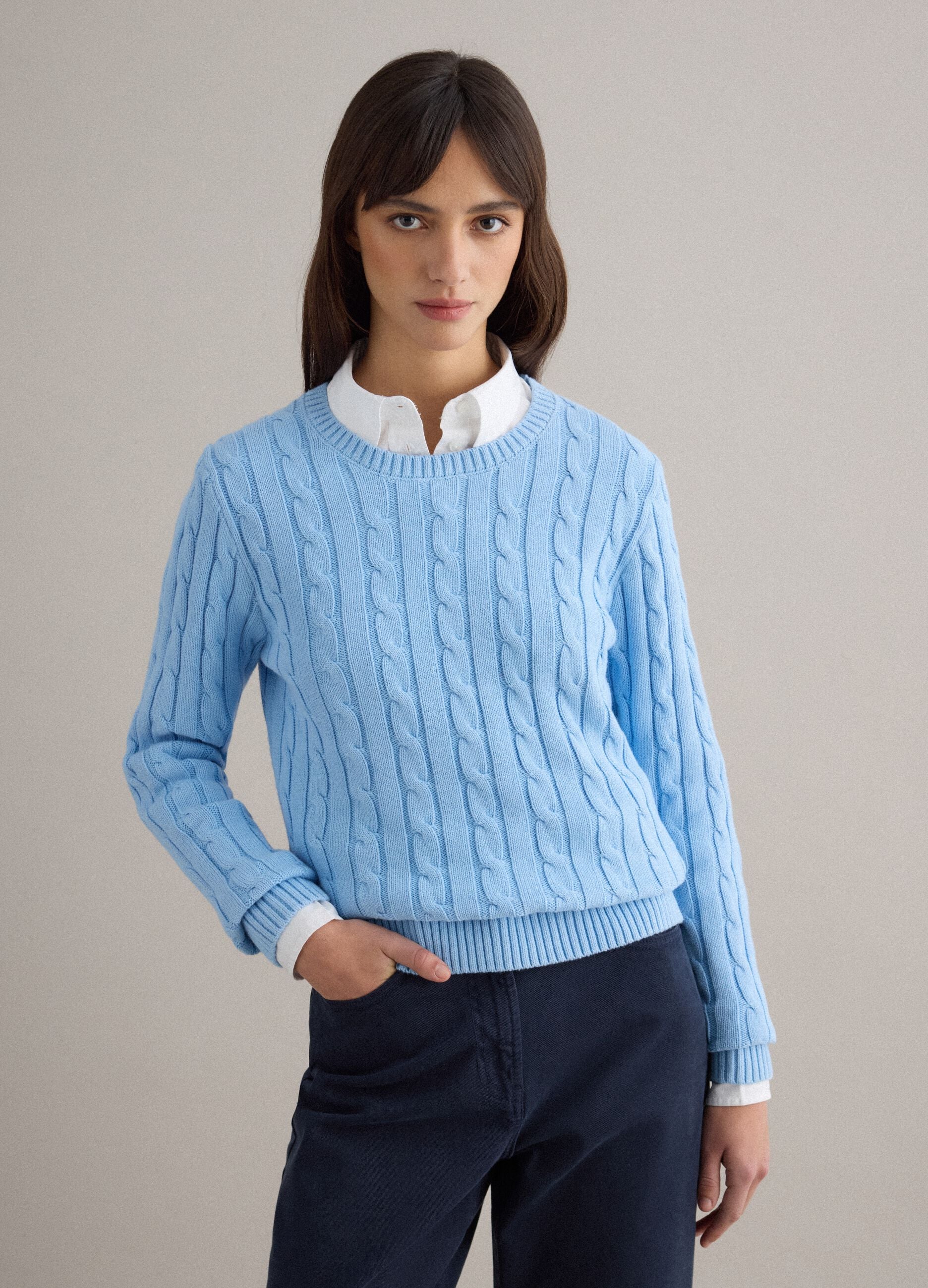 Blue pure cotton regular fit sweater with cable knit