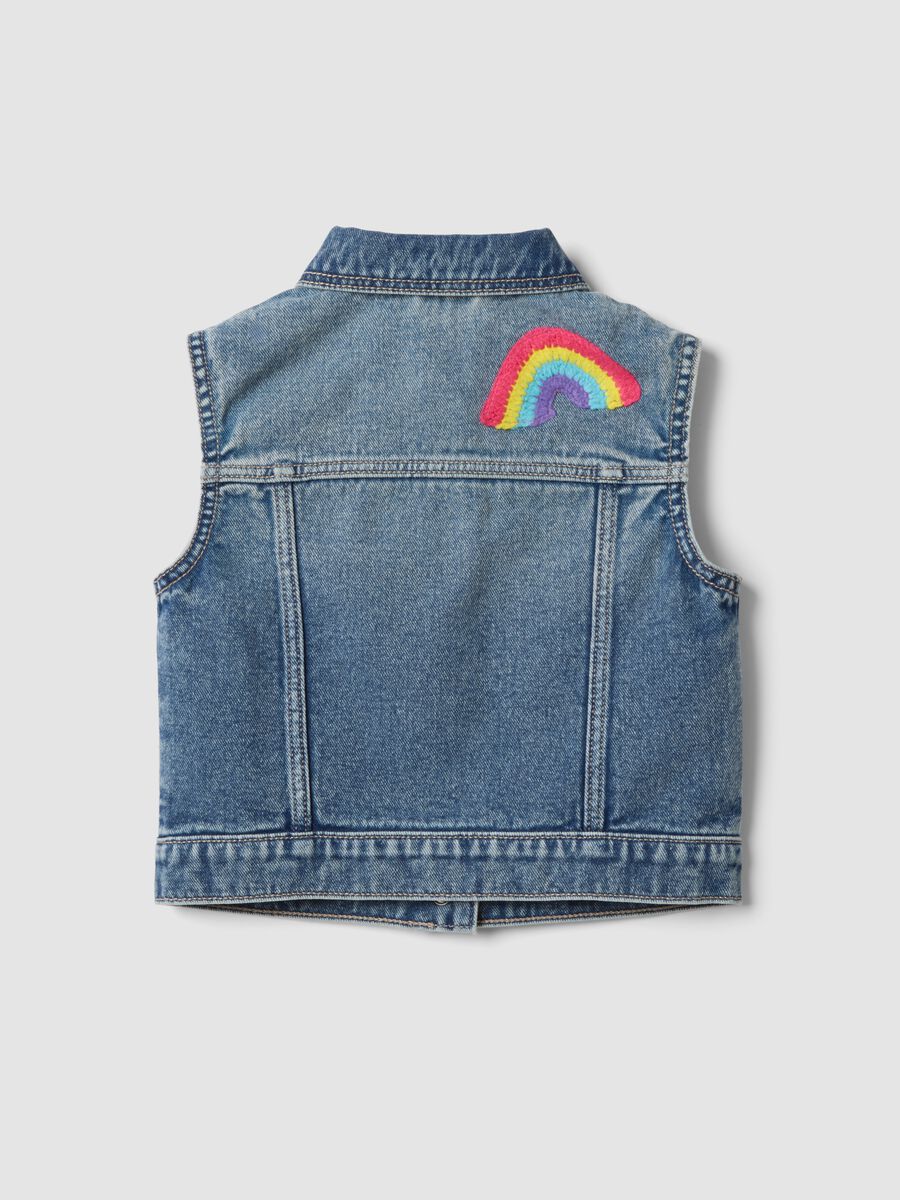 Girls&rsquo; Blue Denim Sleeveless Jacket in 100% Cotton with Fruit Patches_1