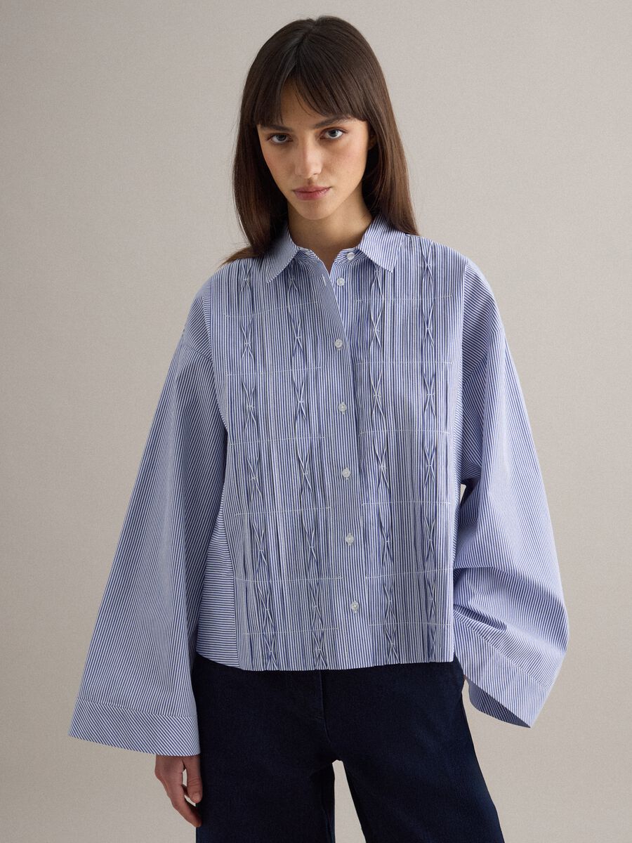 Oversized multicolour striped pure cotton shirt with pleats_0