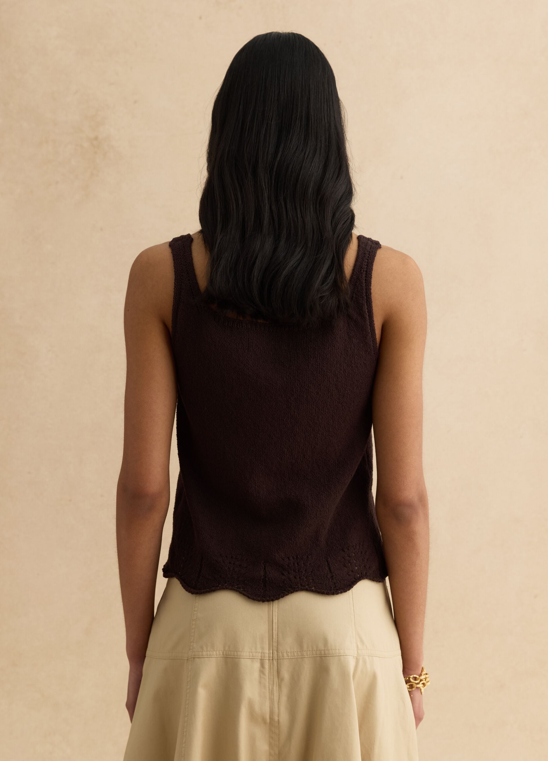 Brown cotton blend regular fit tank top with buttons