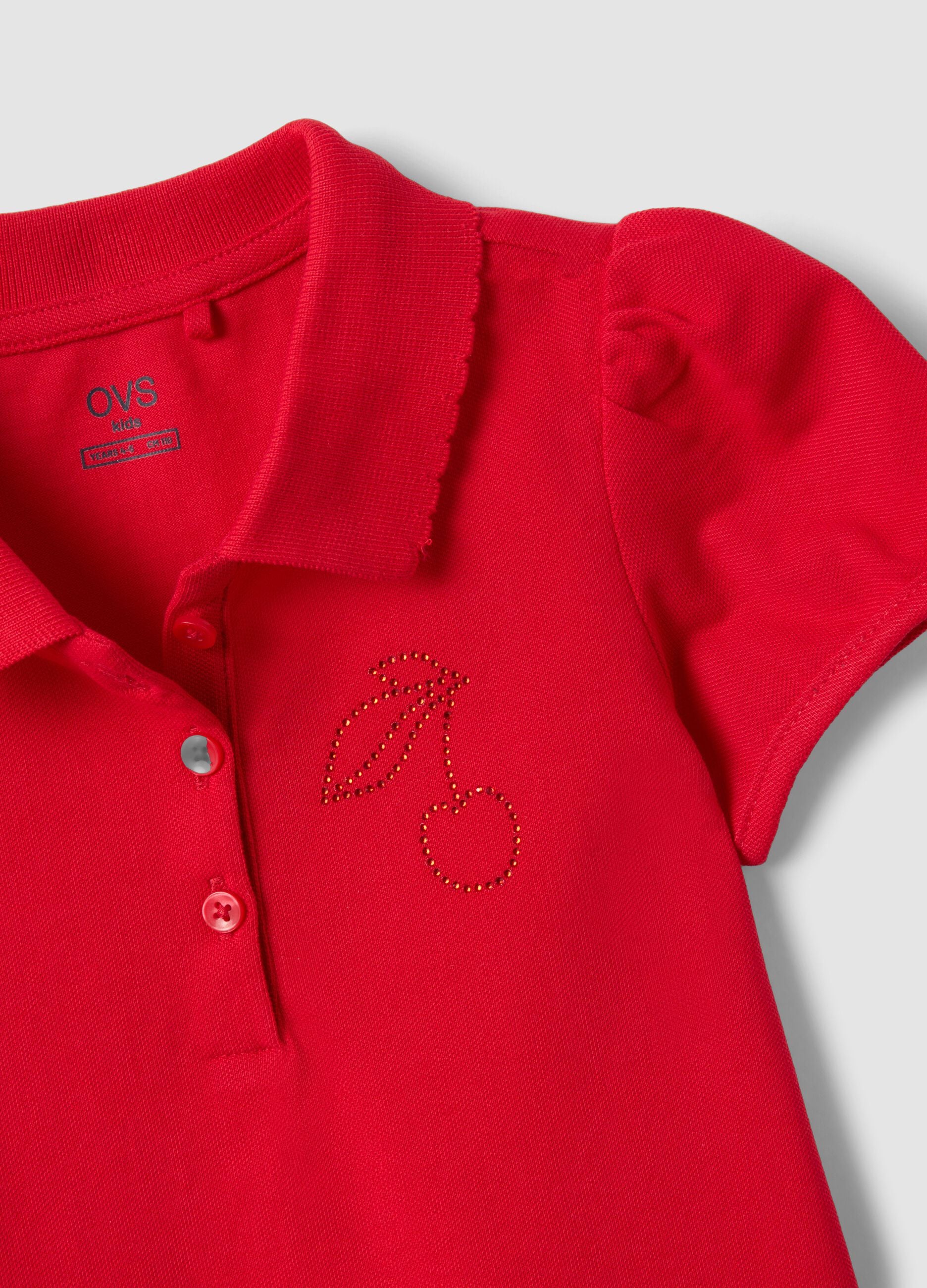 Girls' red pure cotton polo shirt regular fit with cherry
