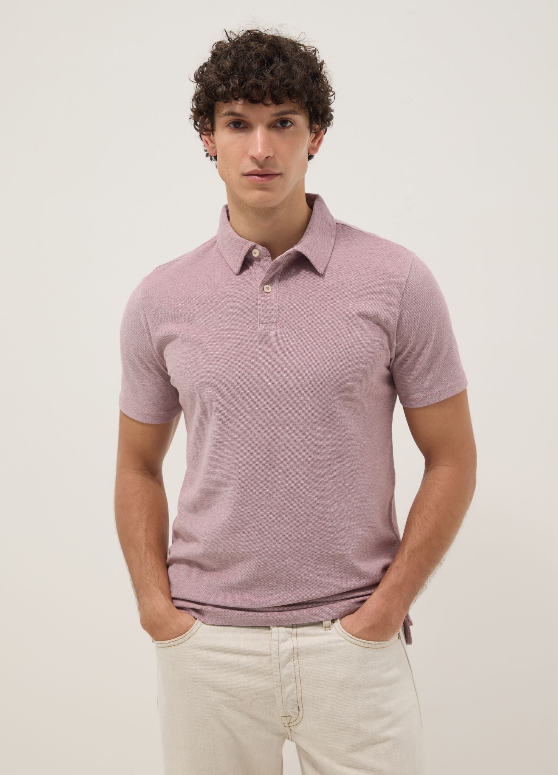 Beige pure cotton short-sleeved polo shirt