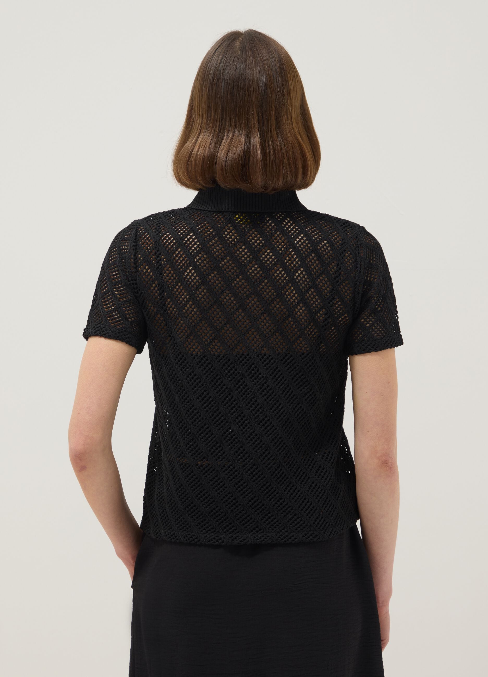 Black regular fit polo with mesh texture