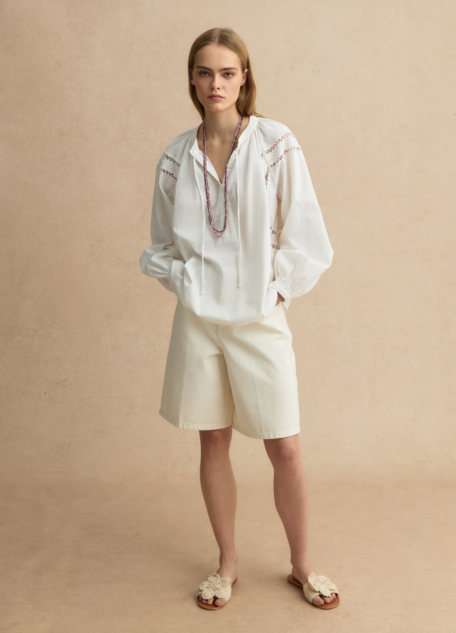 White regular fit cotton-linen blend blouse with eyelet details
