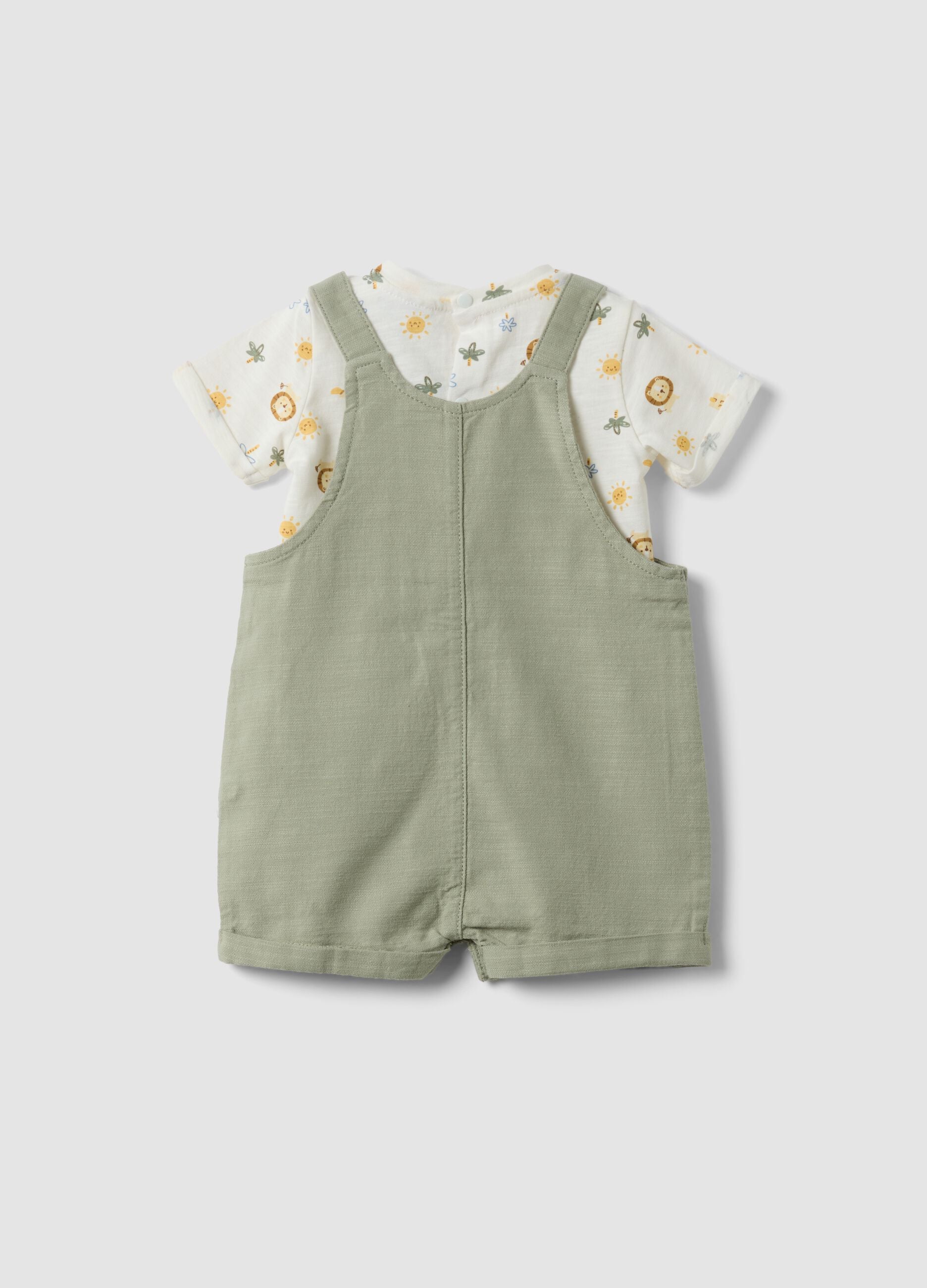 Green pure cotton set with short dungarees and printed T-shirt for babies