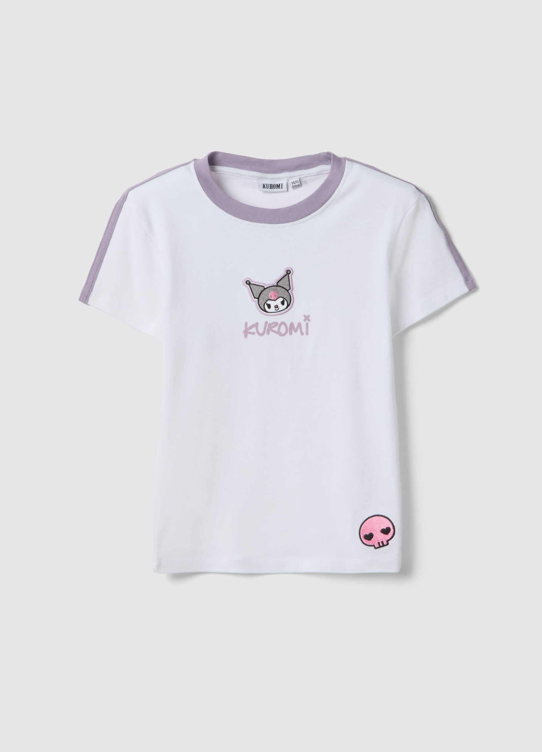 Girls' White Stretch Cotton Slim Fit T-shirt with Kuromi