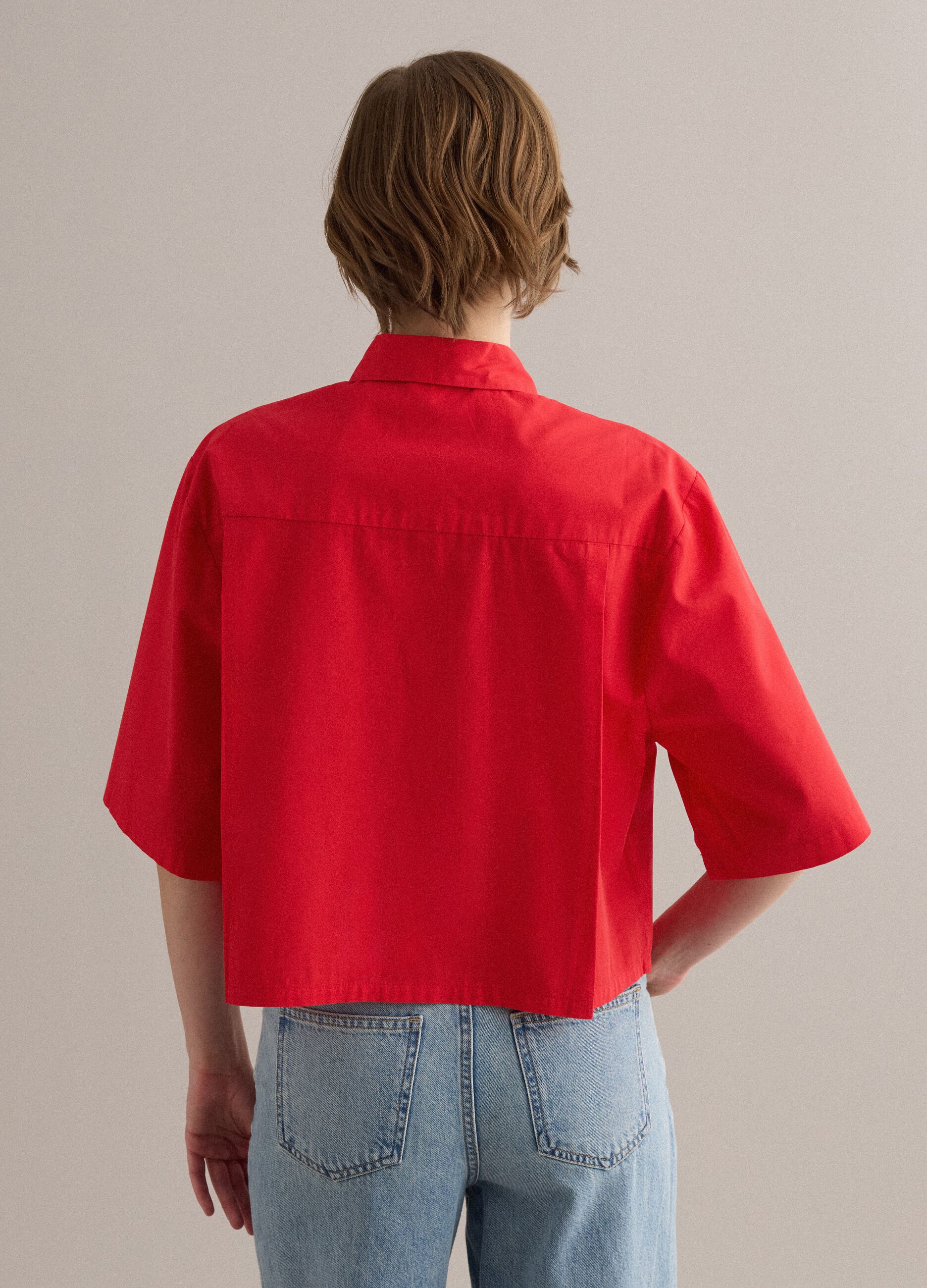Red pure cotton shirt with chest pocket, oversized fit