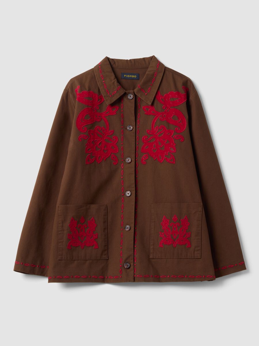 Brown pure cotton shacket with contrasting embroidery, regular fit_4