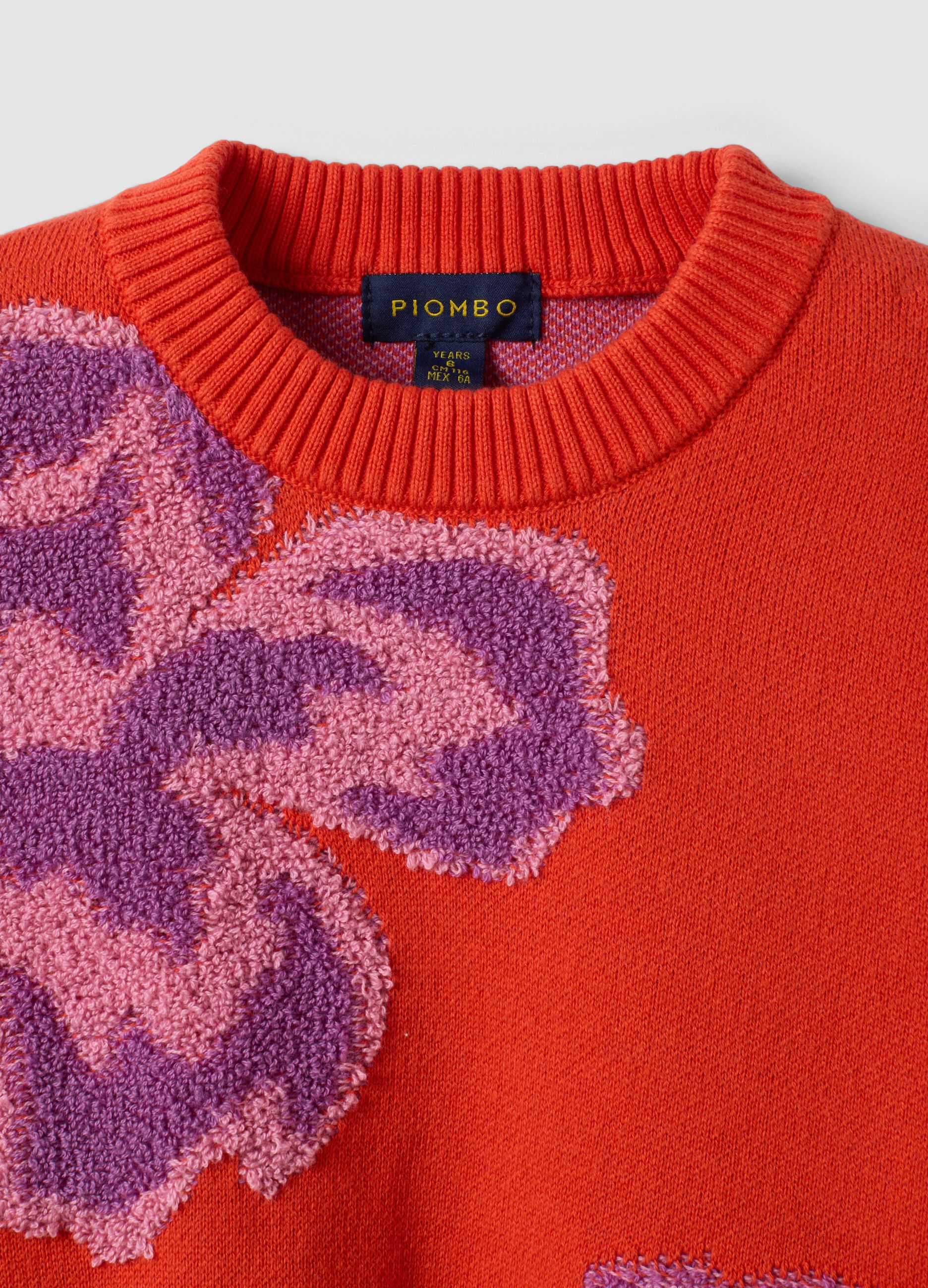 Red pure cotton crew-neck jumper with floral pattern for girls