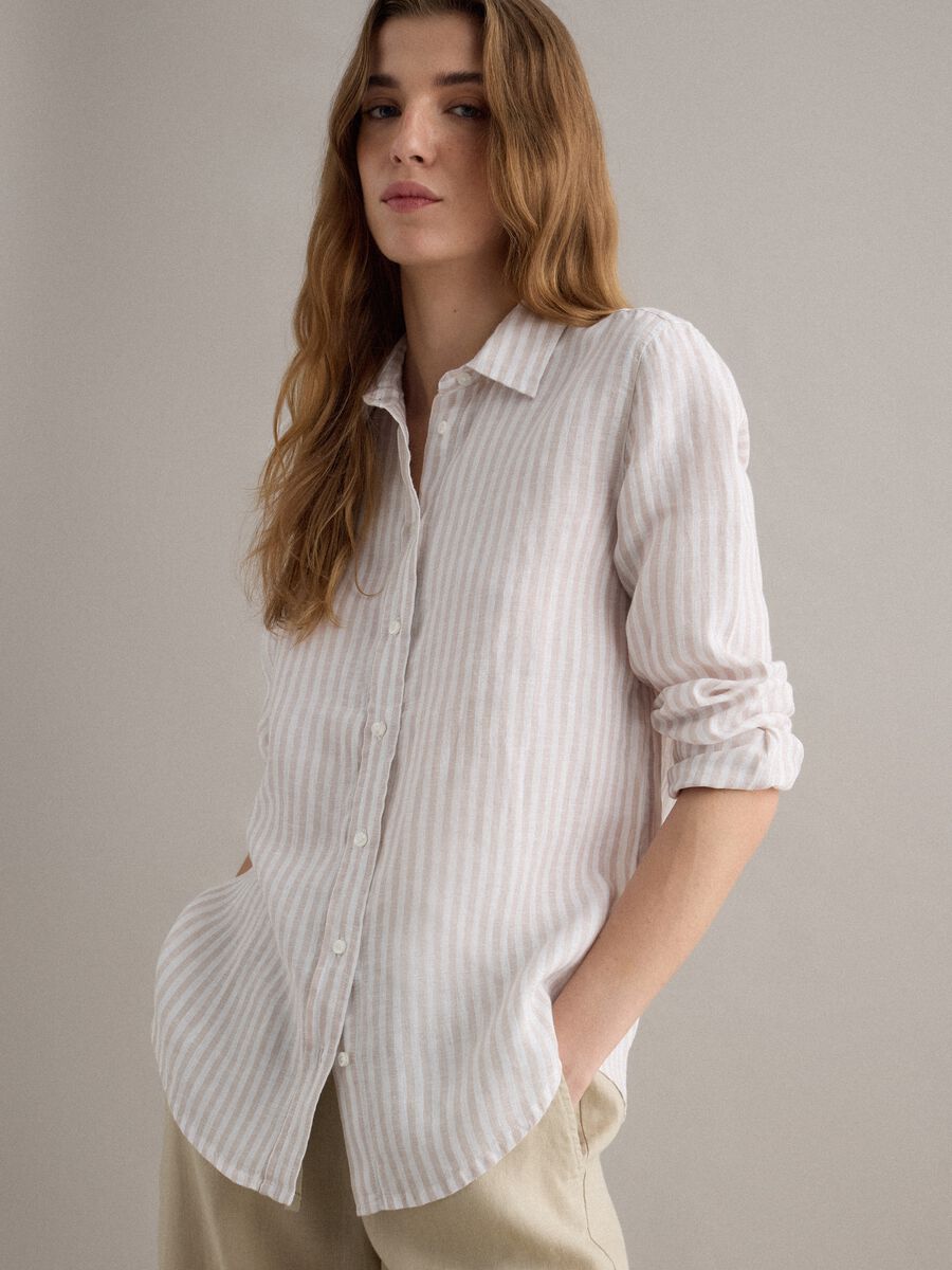 Pure linen striped shirt in white and beige regular fit_0