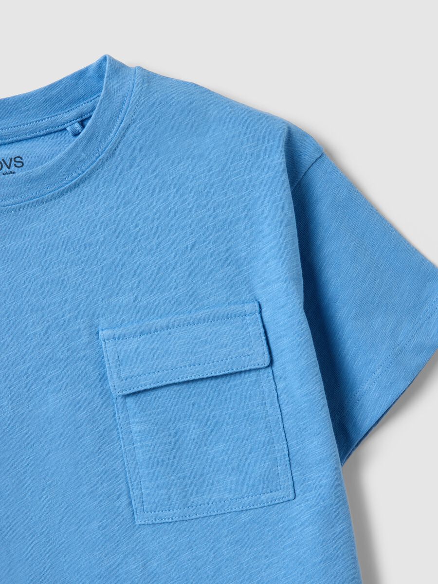 Children's sky blue pure cotton T-shirt, regular fit with pocket_2