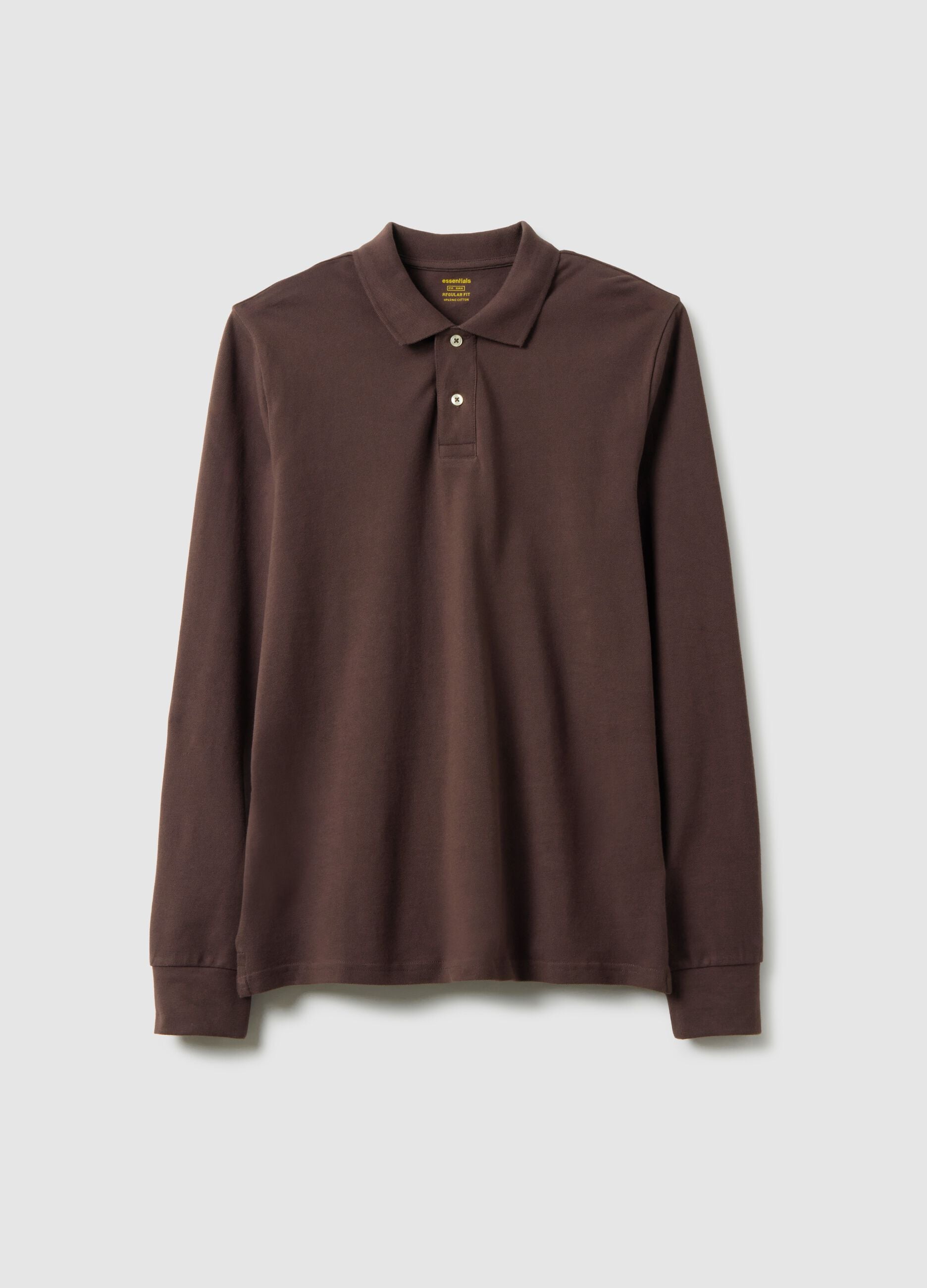 Brown long sleeve polo in pure cotton regular fit