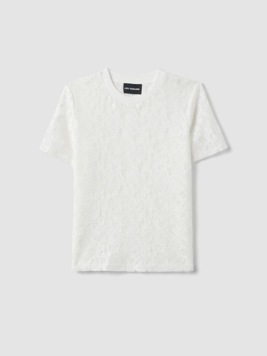 T-shirt bianca regular fit con motivo a rete floreale_4