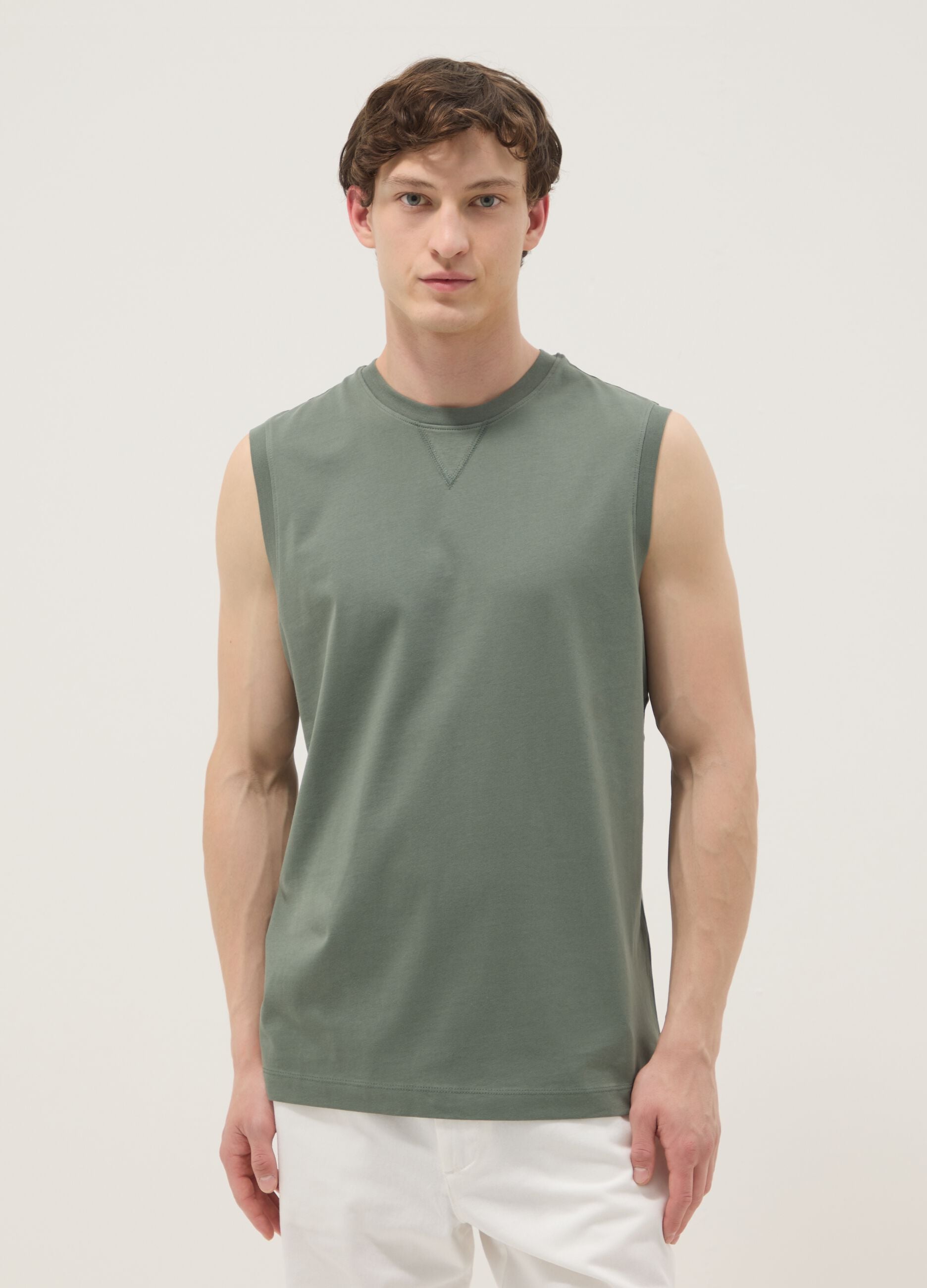 Green crew-neck pure cotton vest, relaxed fit